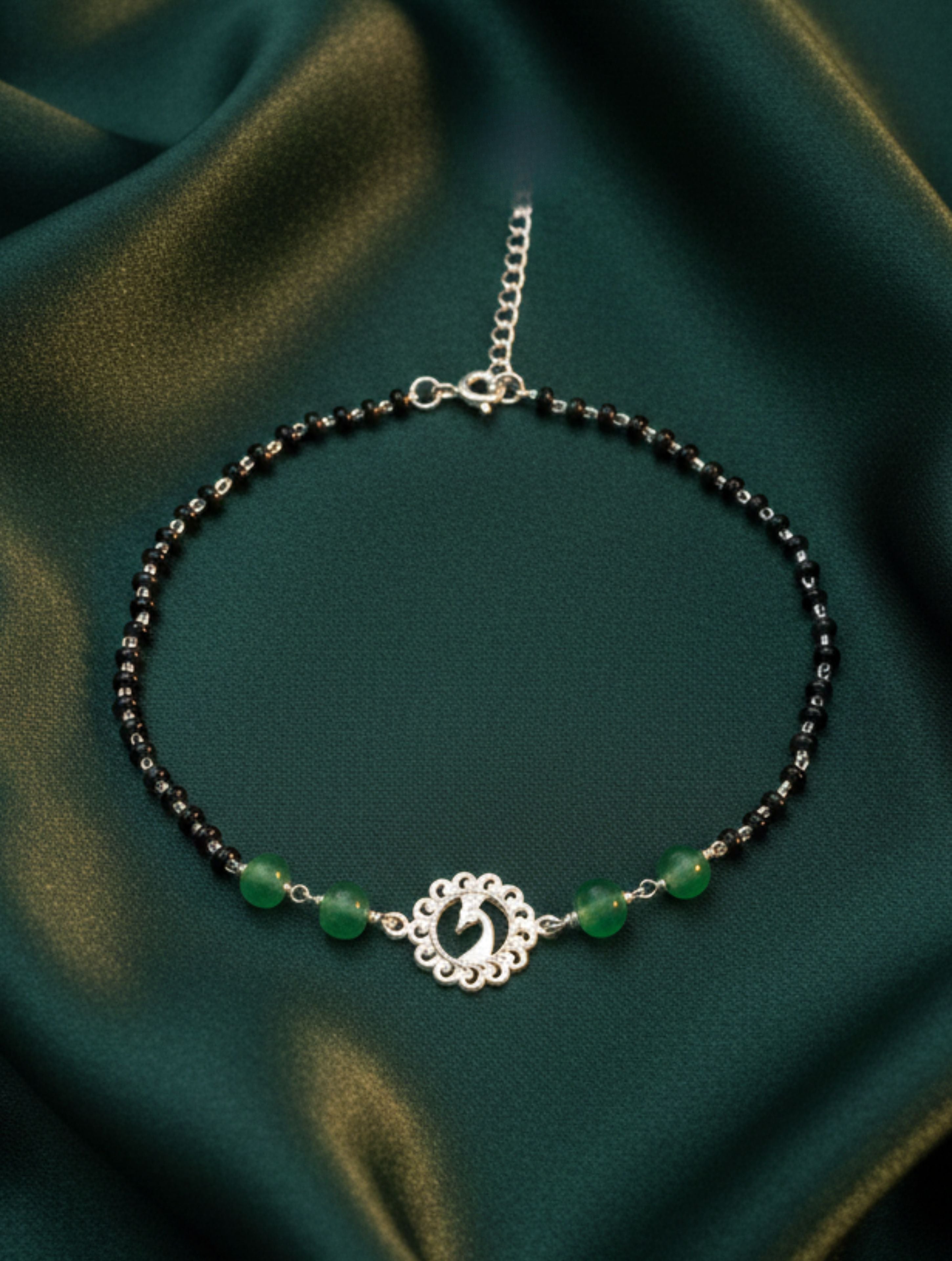 Peacock Motif 925 Sterling Silver Anklet with Strawberry Quartz & Onyx Black Beads