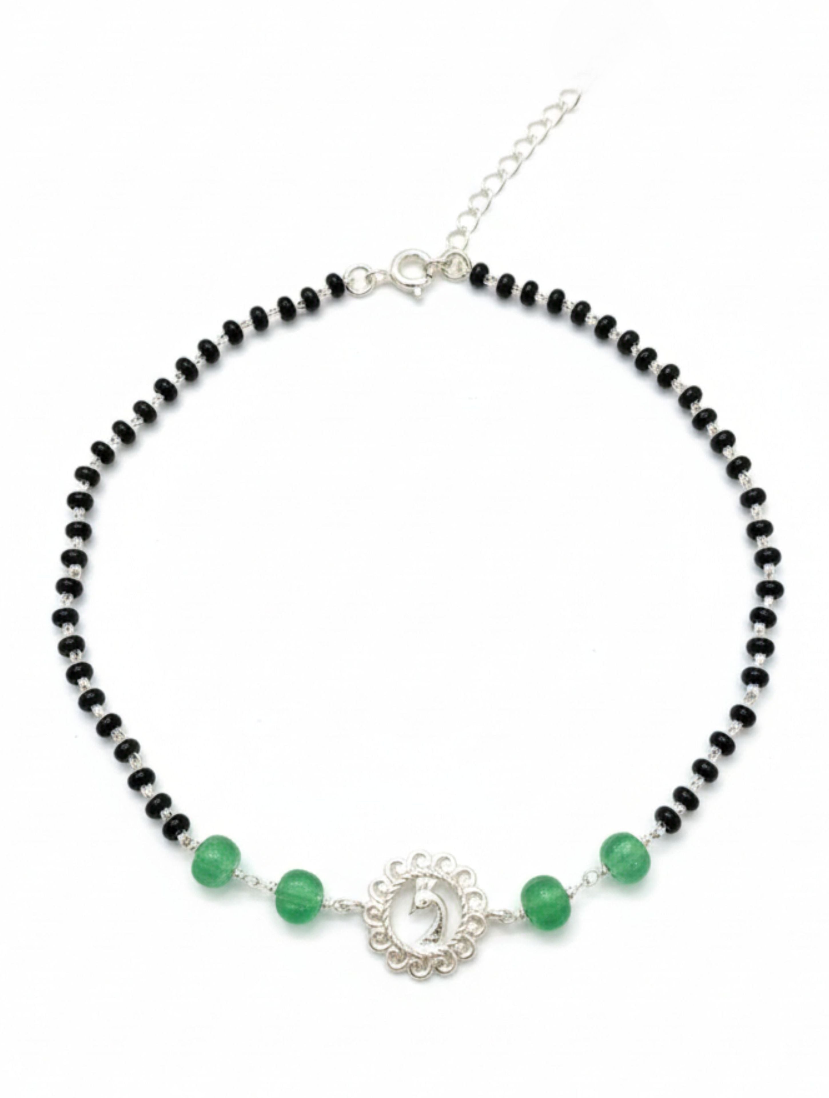 Peacock Motif 925 Sterling Silver Anklet with Strawberry Quartz & Onyx Black Beads