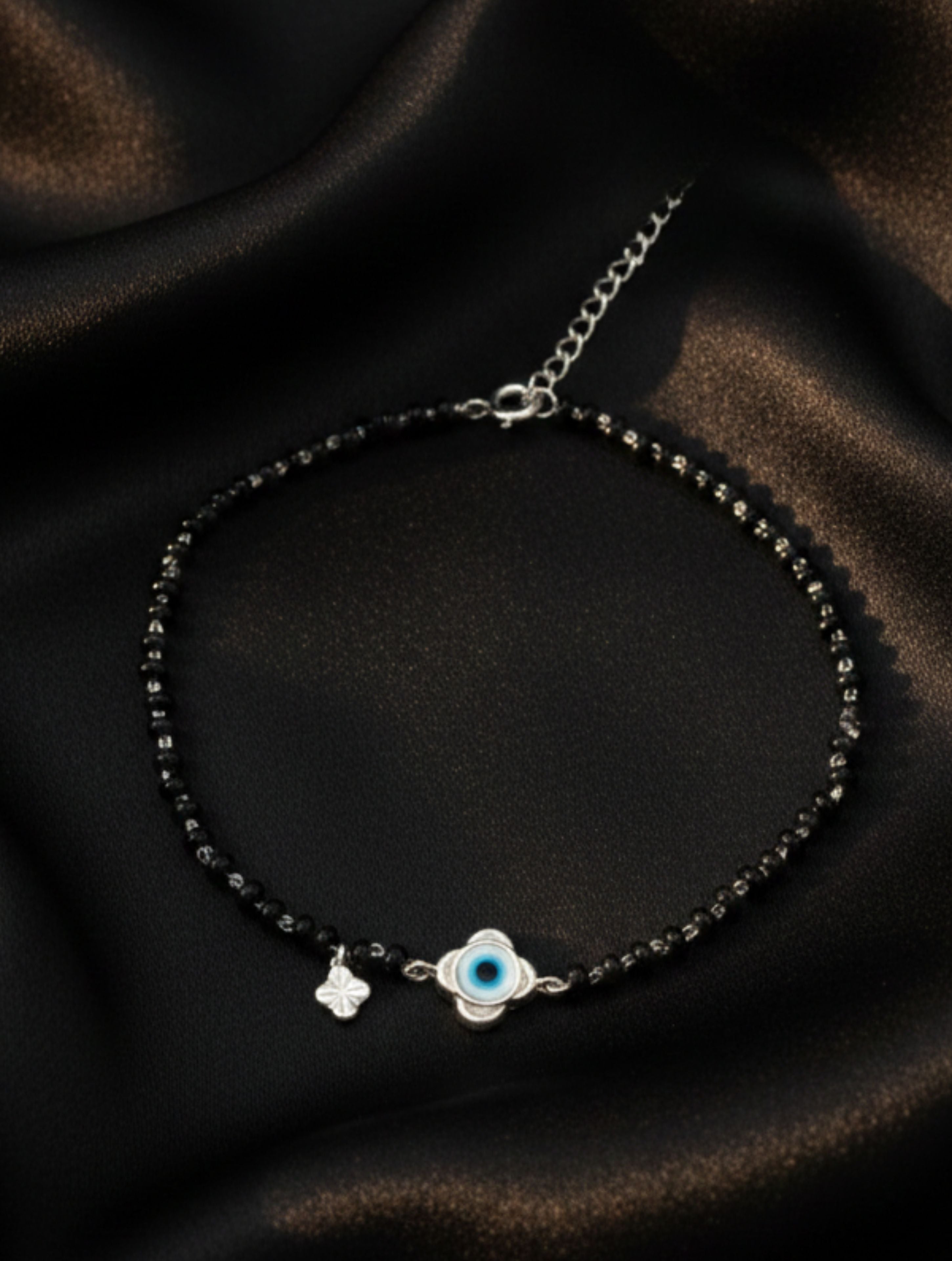 925 Sterling Silver Evil Eye & Black Onyx Anklet