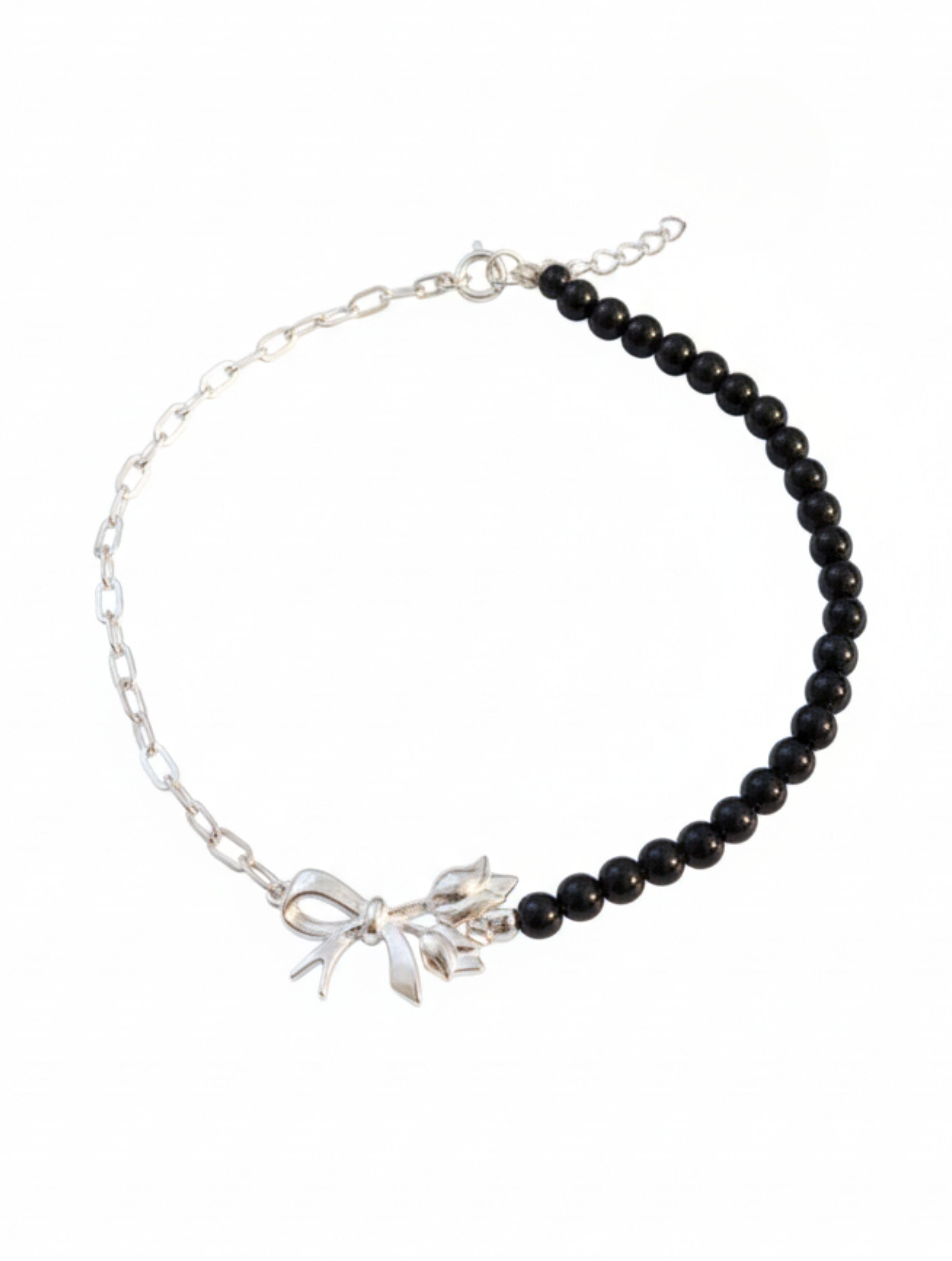 Midnight Bow: Black Onyx & Sterling Silver Chain Anklet