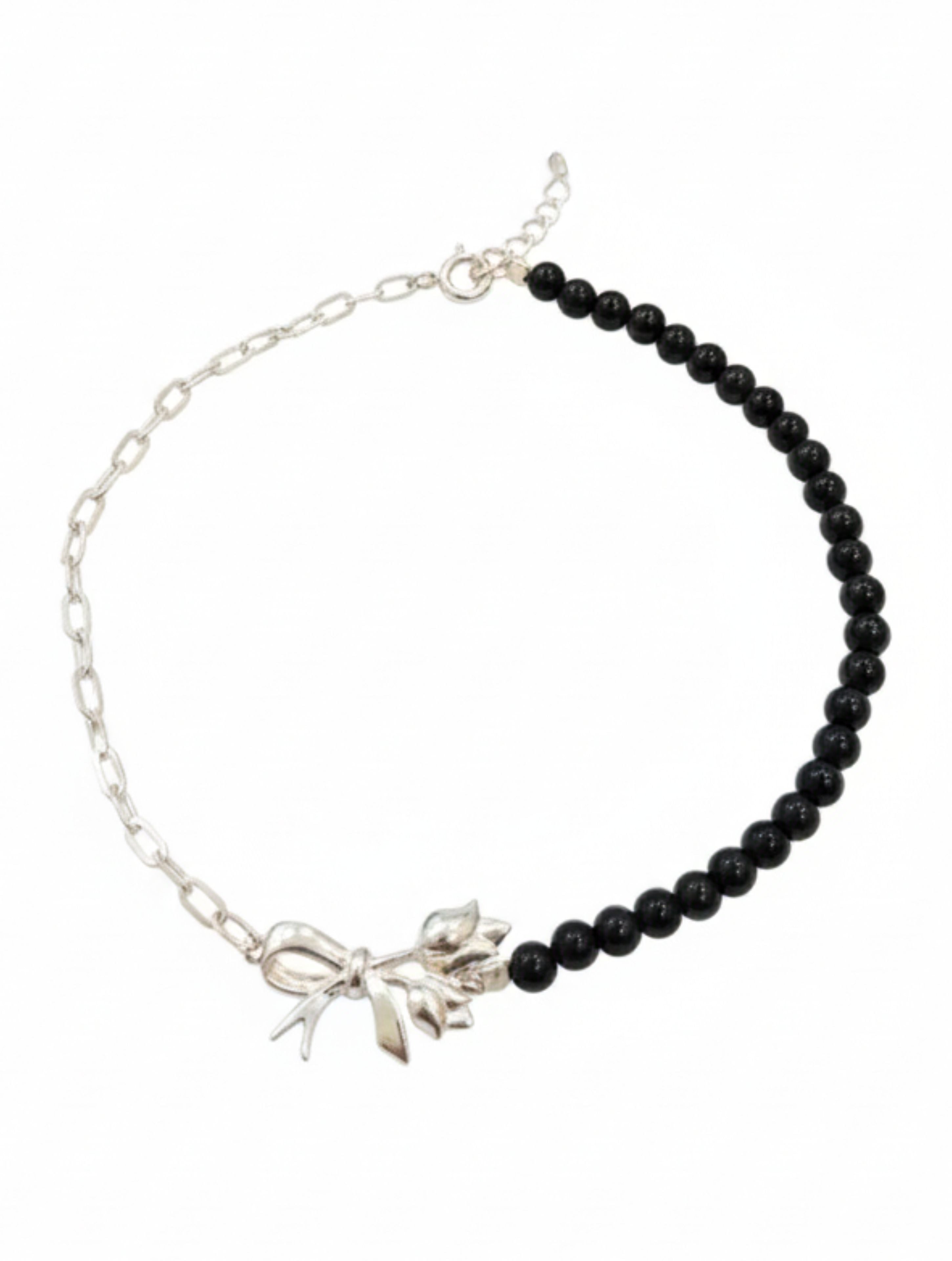 Midnight Bow: Black Onyx & Sterling Silver Chain Anklet