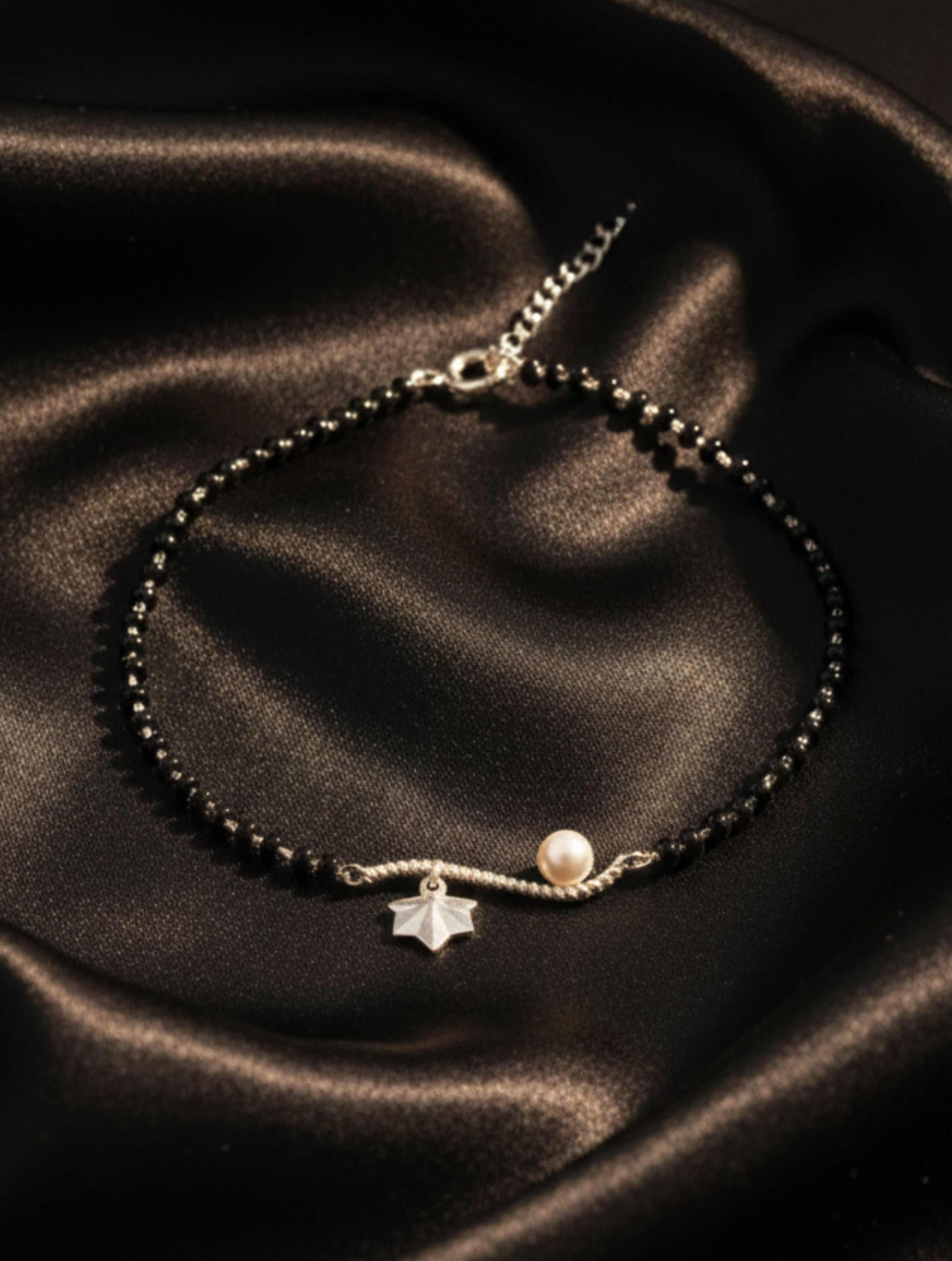 Black Onyx Beads & Pearl 925 Sterling Silver Anklet