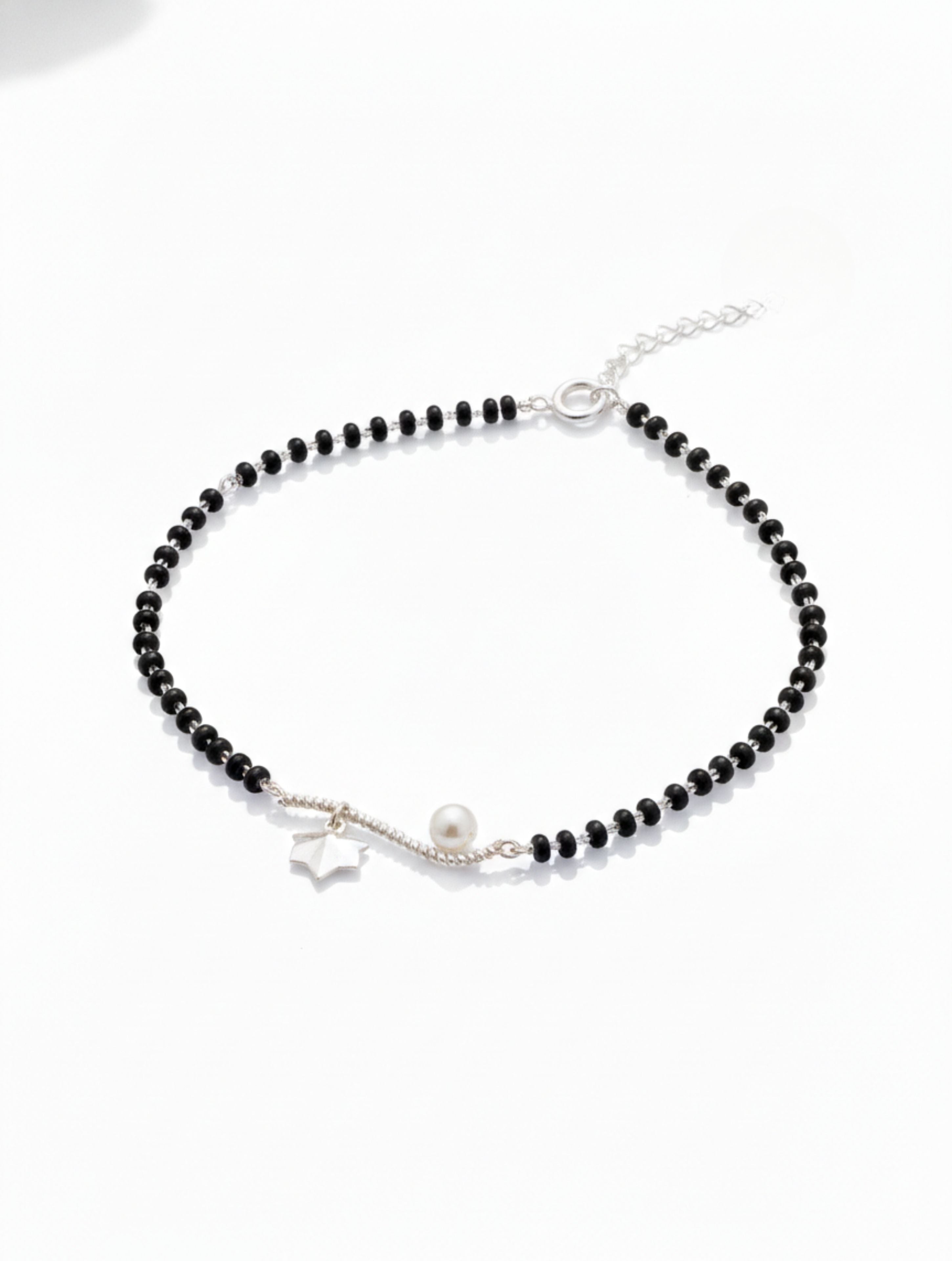 Black Onyx Beads & Pearl 925 Sterling Silver Anklet