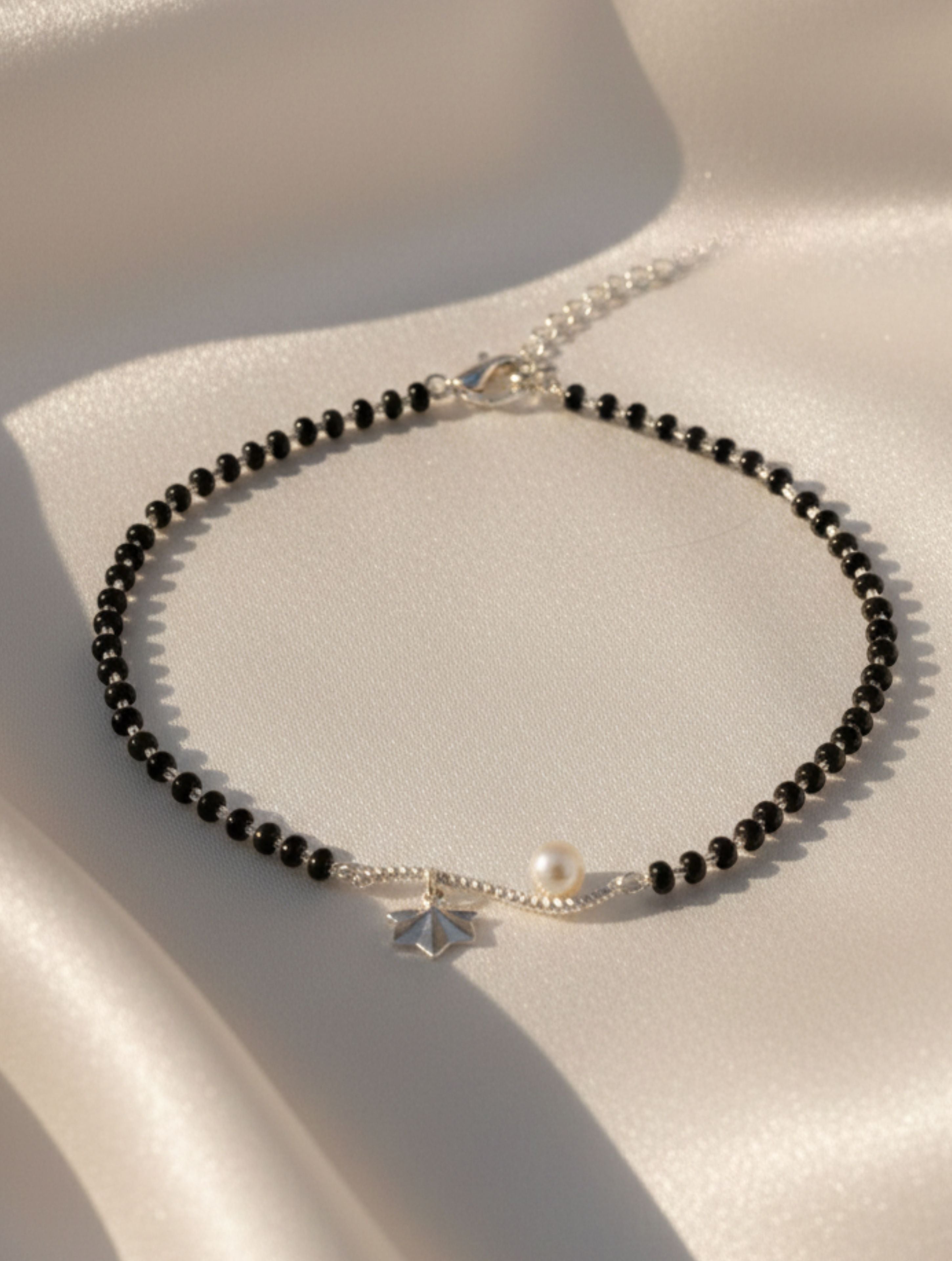 Black Onyx Beads & Pearl 925 Sterling Silver Anklet