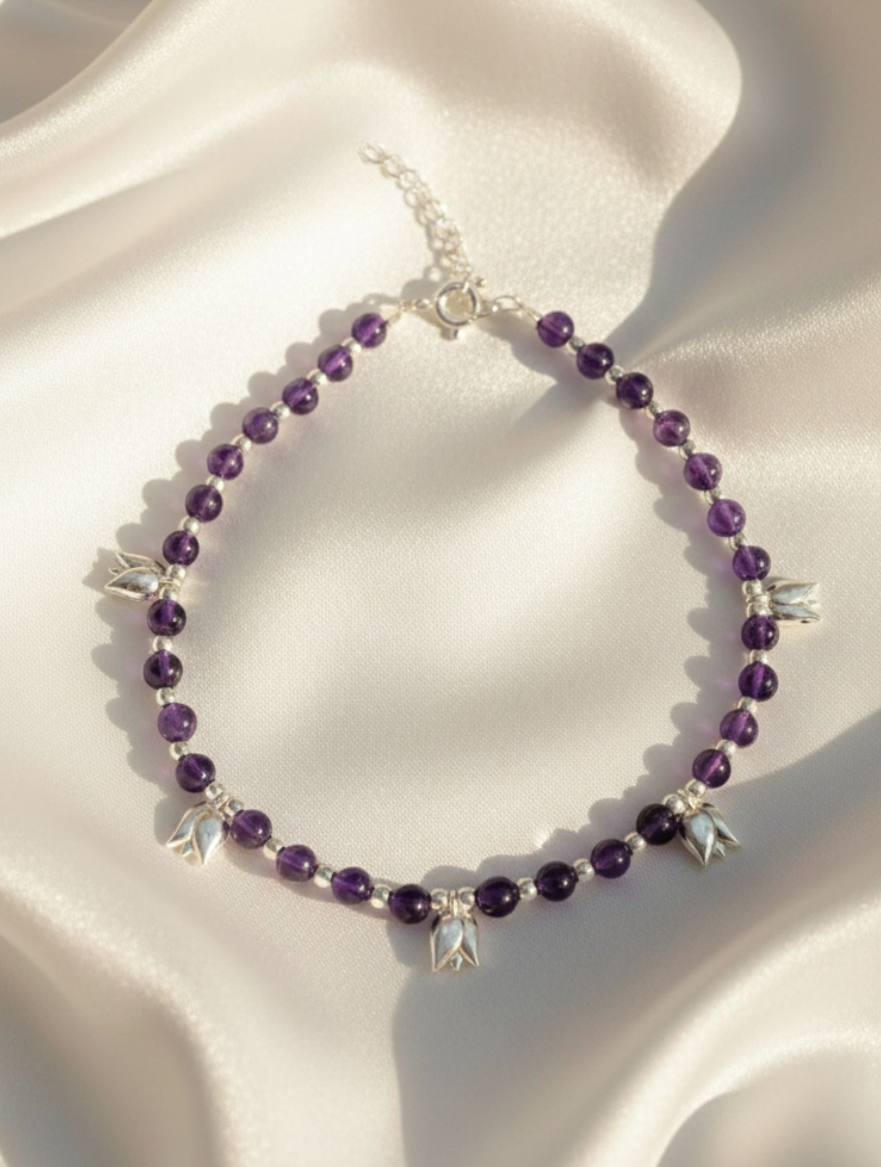 Amethyst Bloom 925 Sterling Silver Beaded Anklet