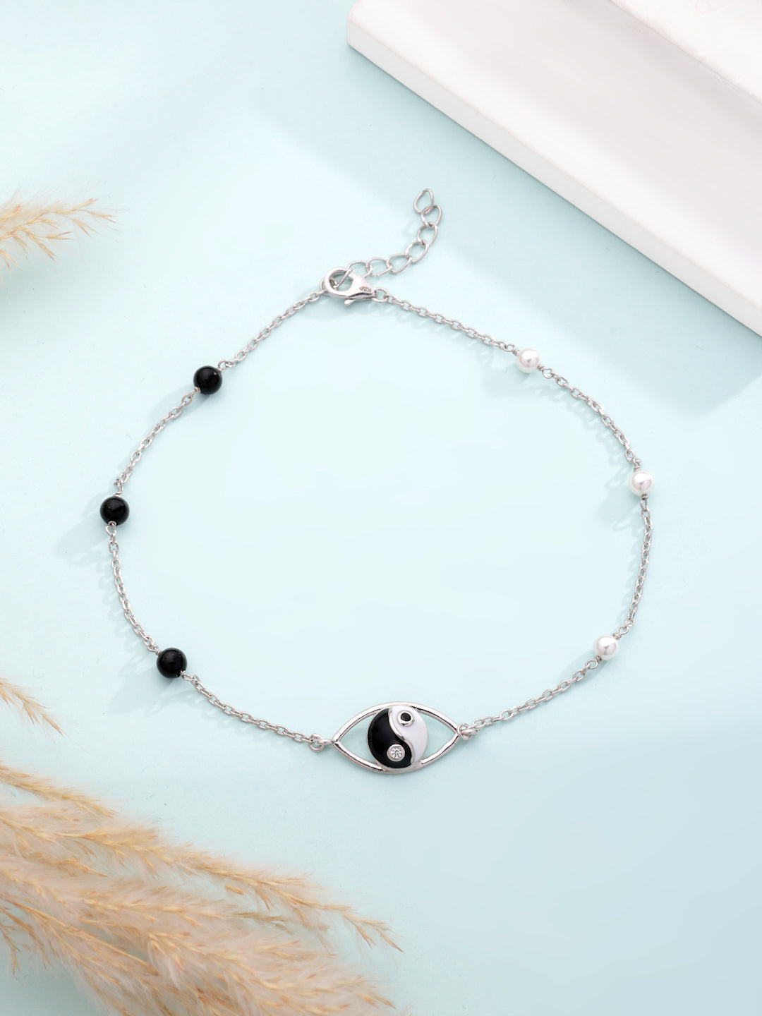 Yin-Yang with Moissanite and Pearl Anklet 925 Sterling Silver For Women