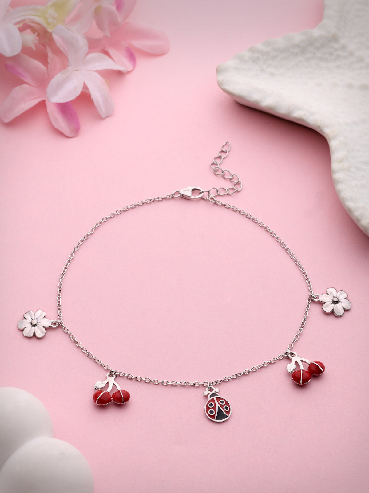 925 Sterling Silver Whimsical Garden Charm Anklet