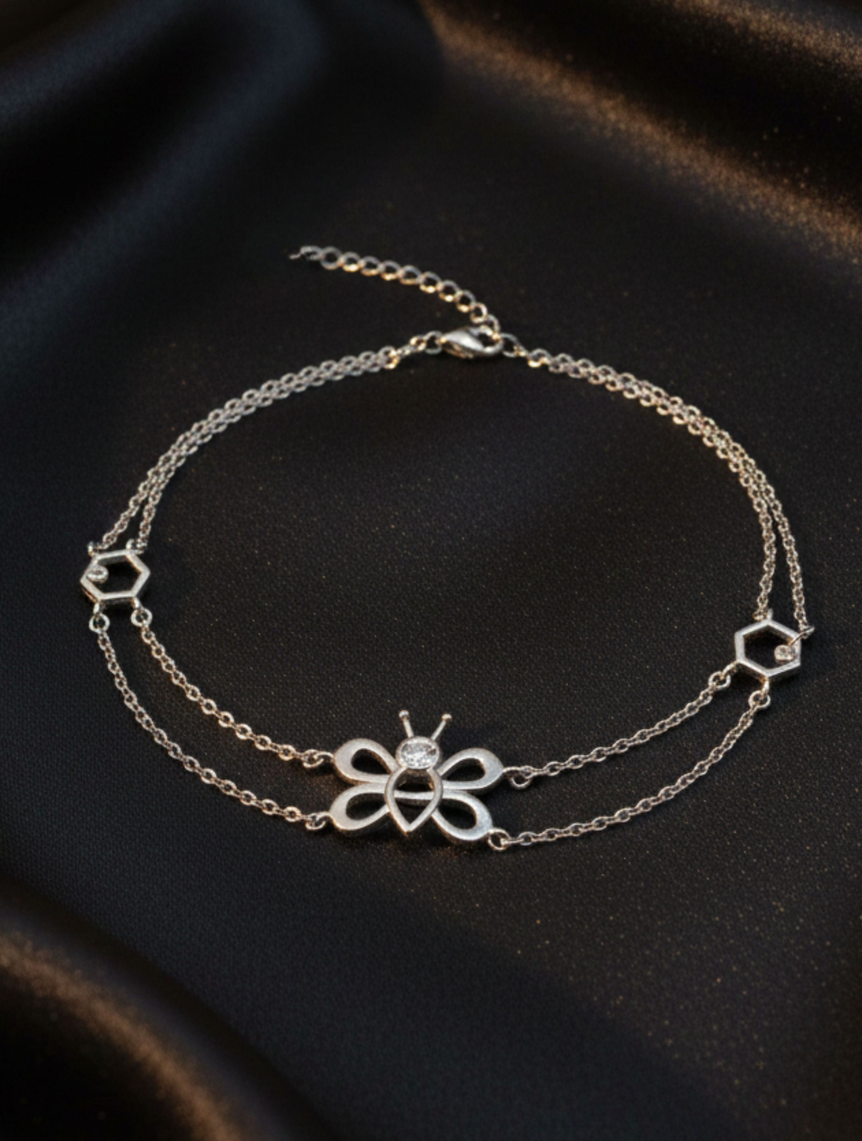 925 Sterling Silver Honeybee & Hexagon Double-Layer Anklet