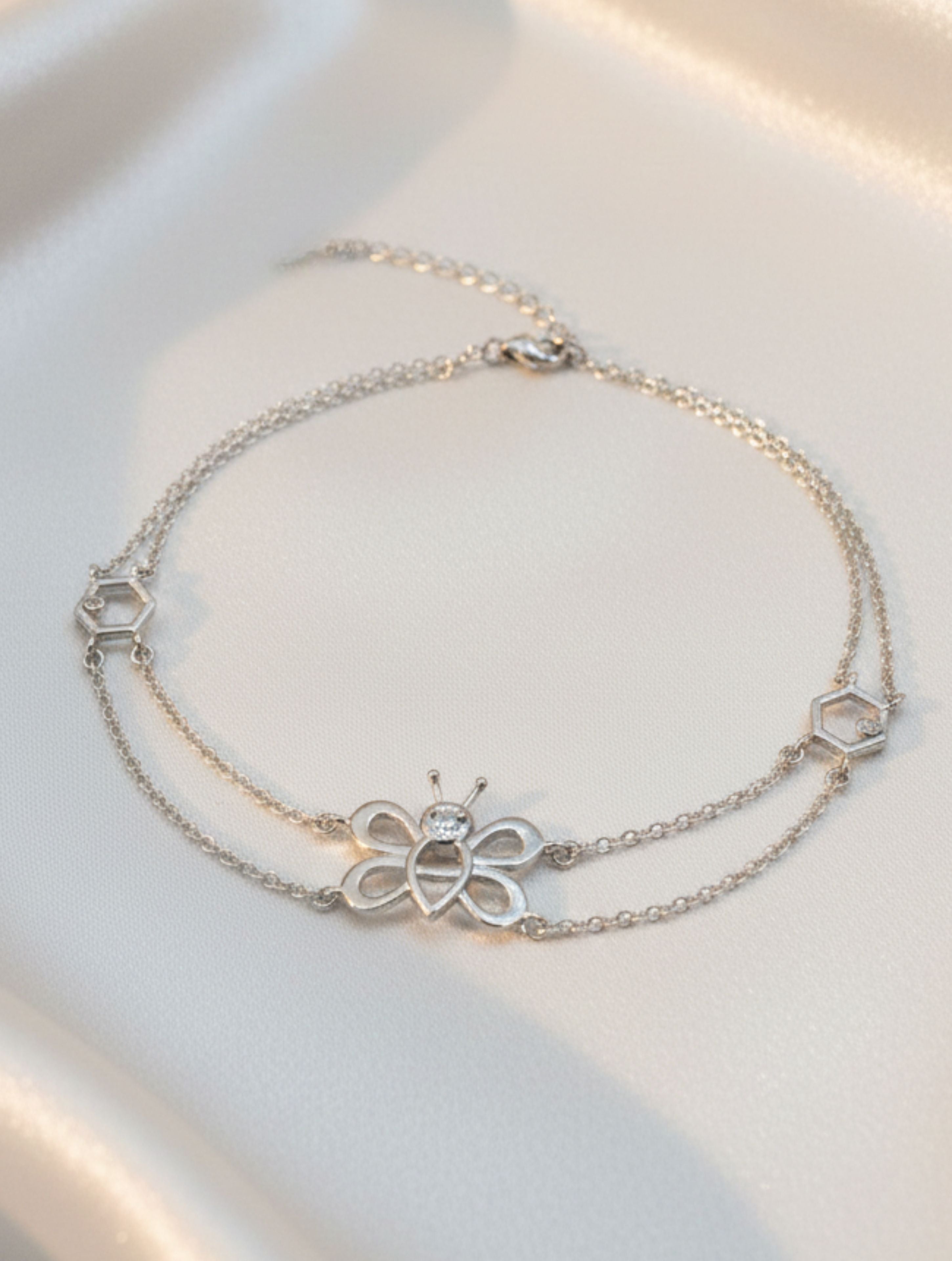 925 Sterling Silver Honeybee & Hexagon Double-Layer Anklet