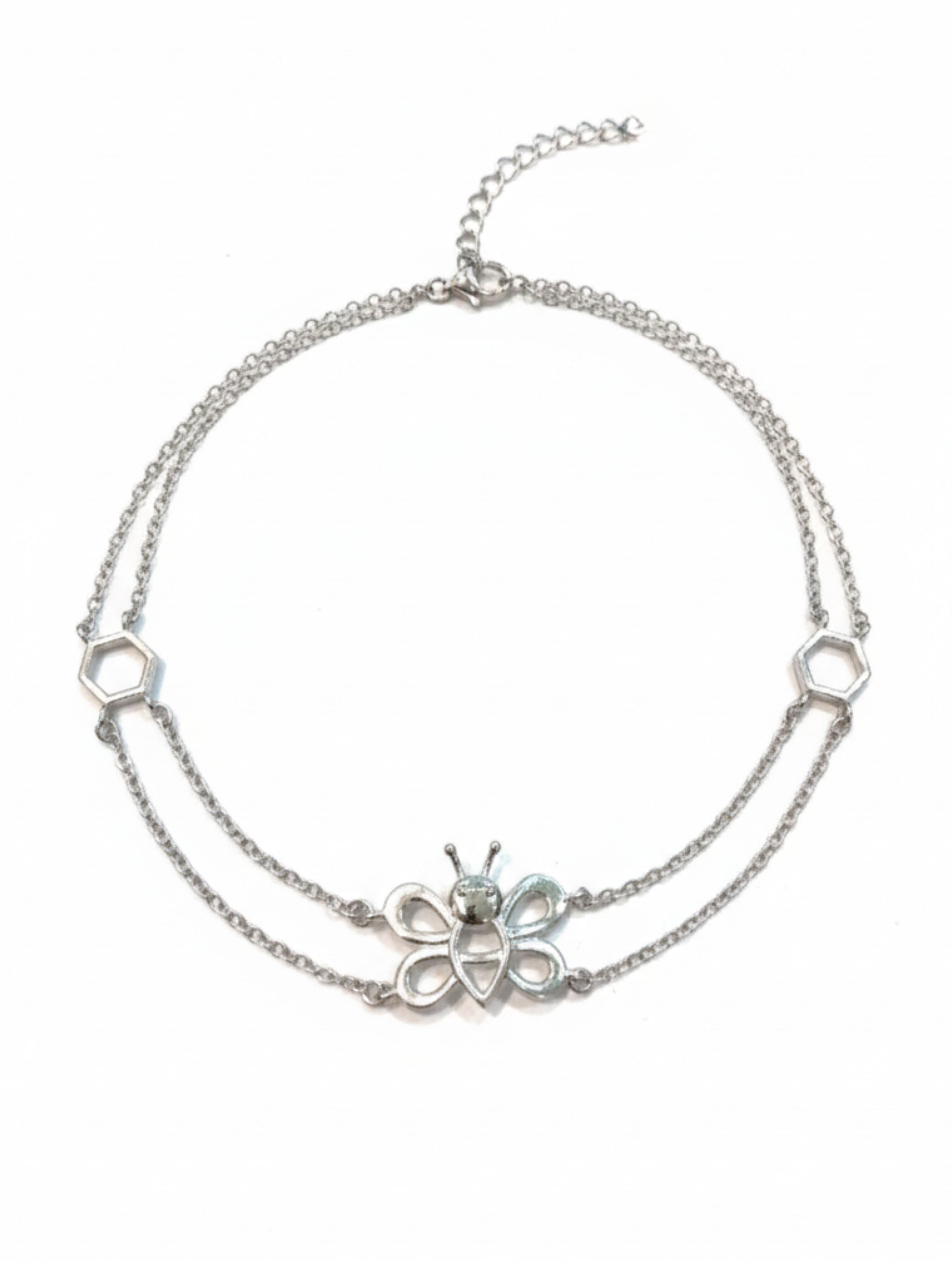 925 Sterling Silver Honeybee & Hexagon Double-Layer Anklet