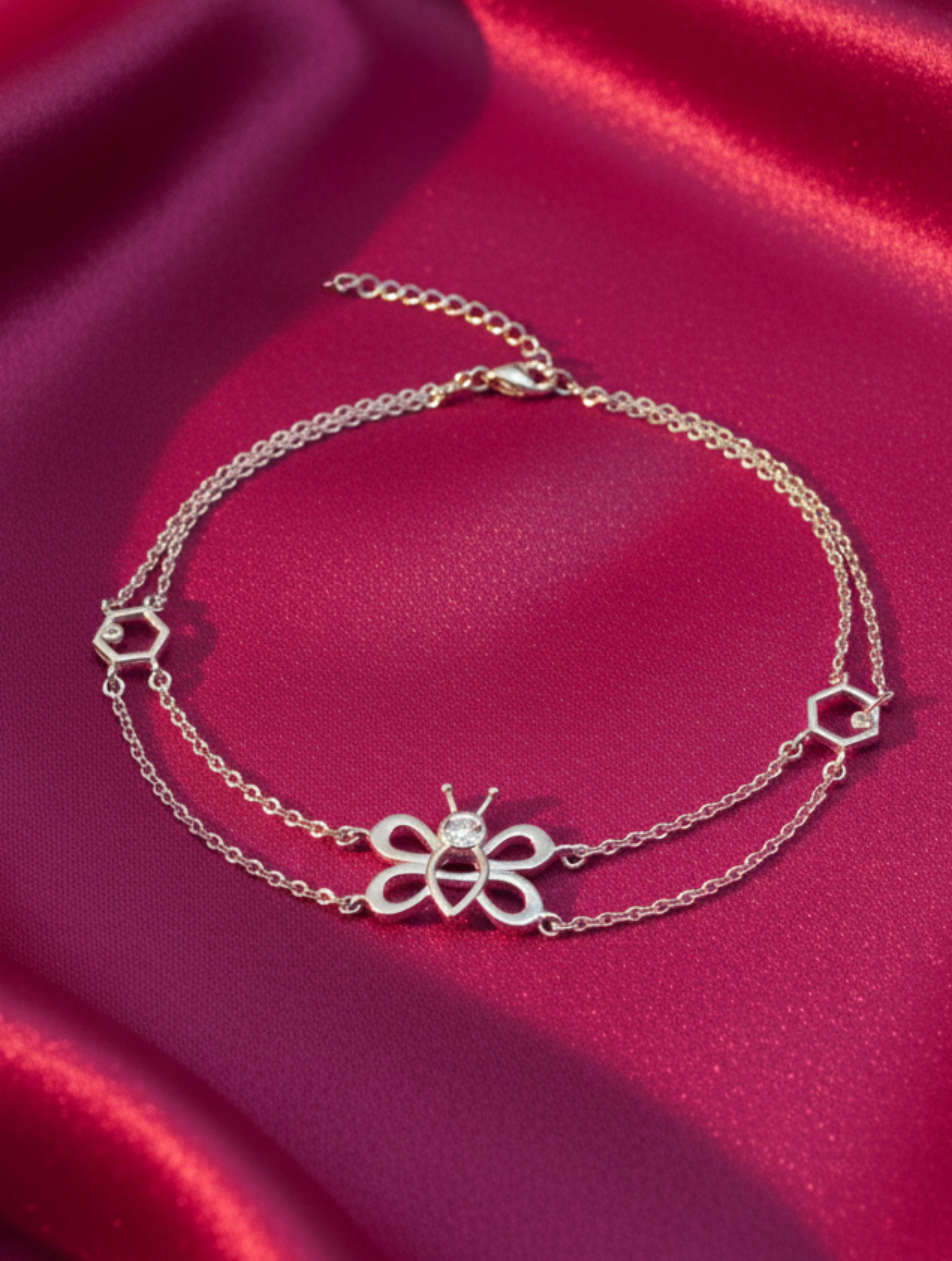 925 Sterling Silver Honeybee & Hexagon Double-Layer Anklet