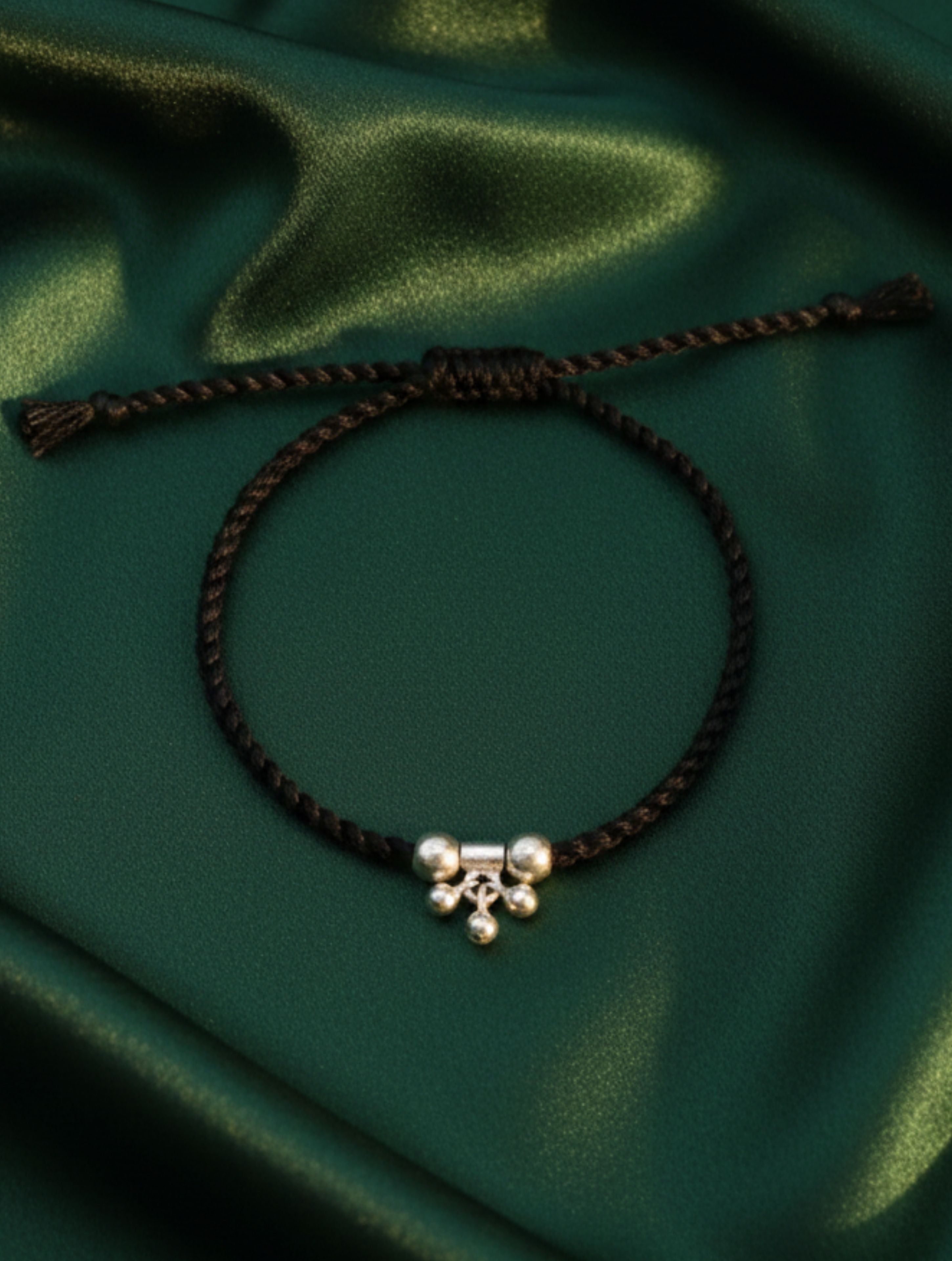 925 Sterling Silver Nazariya Black Thread Anklet with Ghungroo Charms