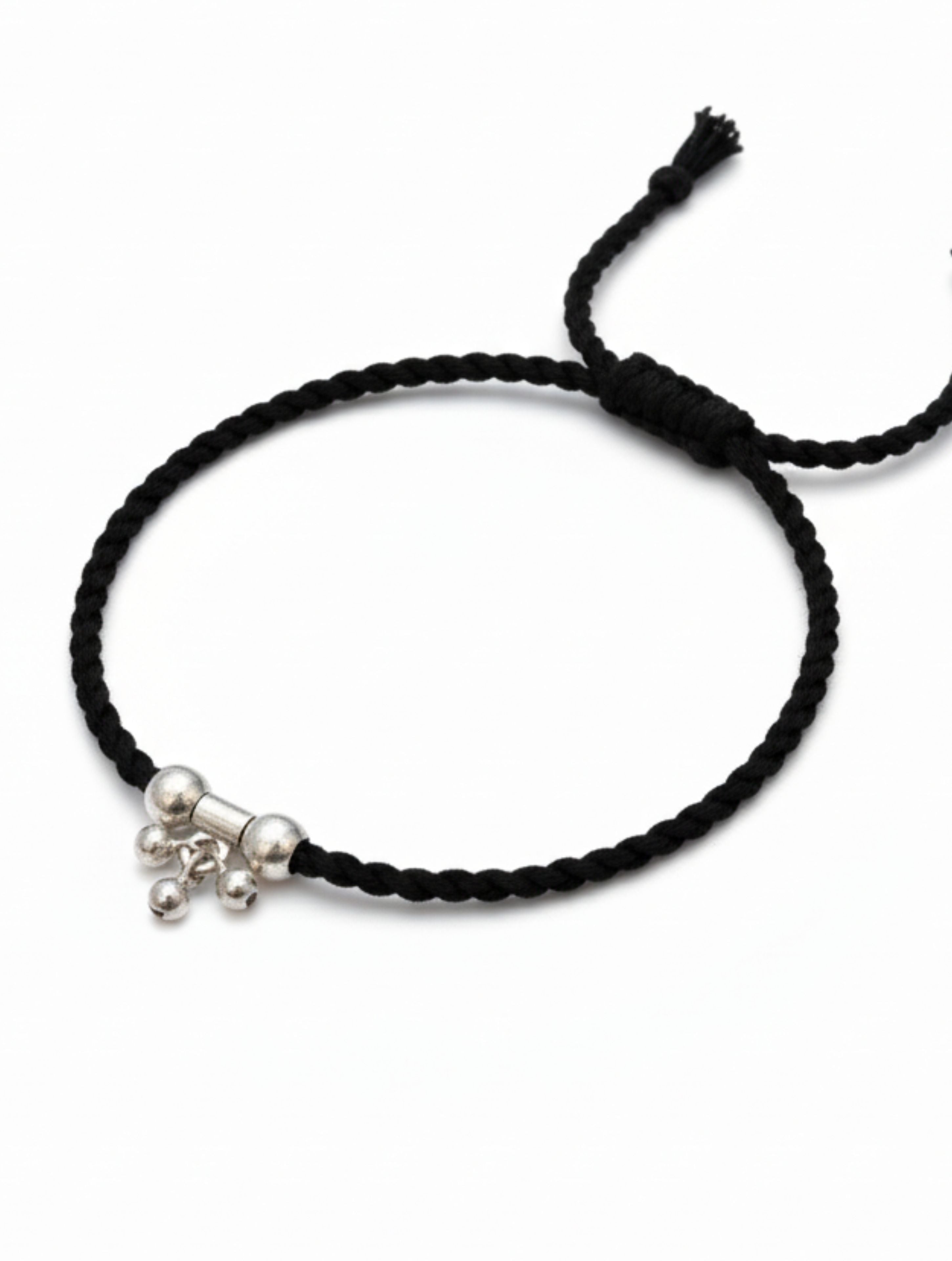 925 Sterling Silver Nazariya Black Thread Anklet with Ghungroo Charms