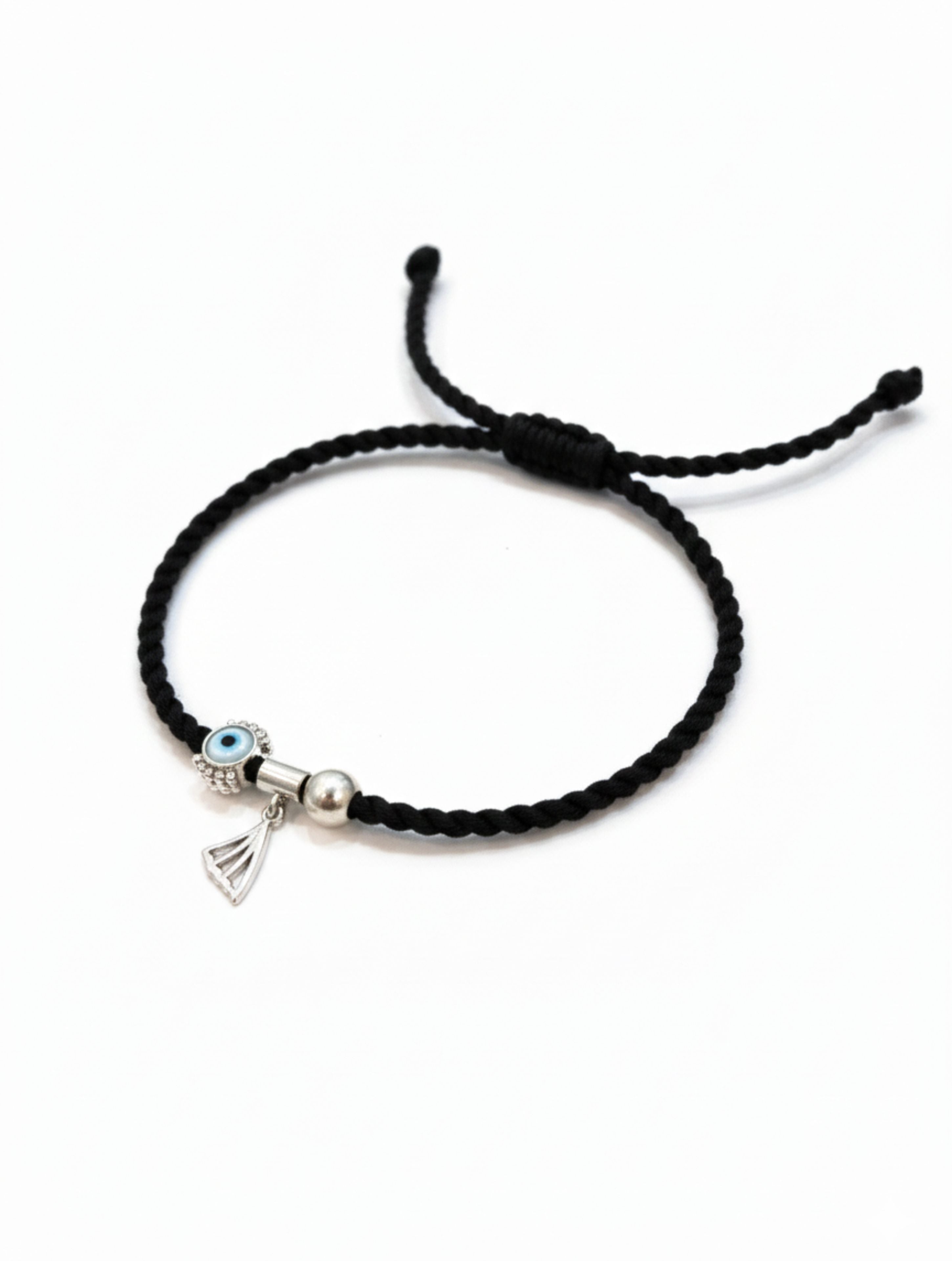 925 Sterling Silver & MOP Evil Eye Black Cord Anklet - Adjustable