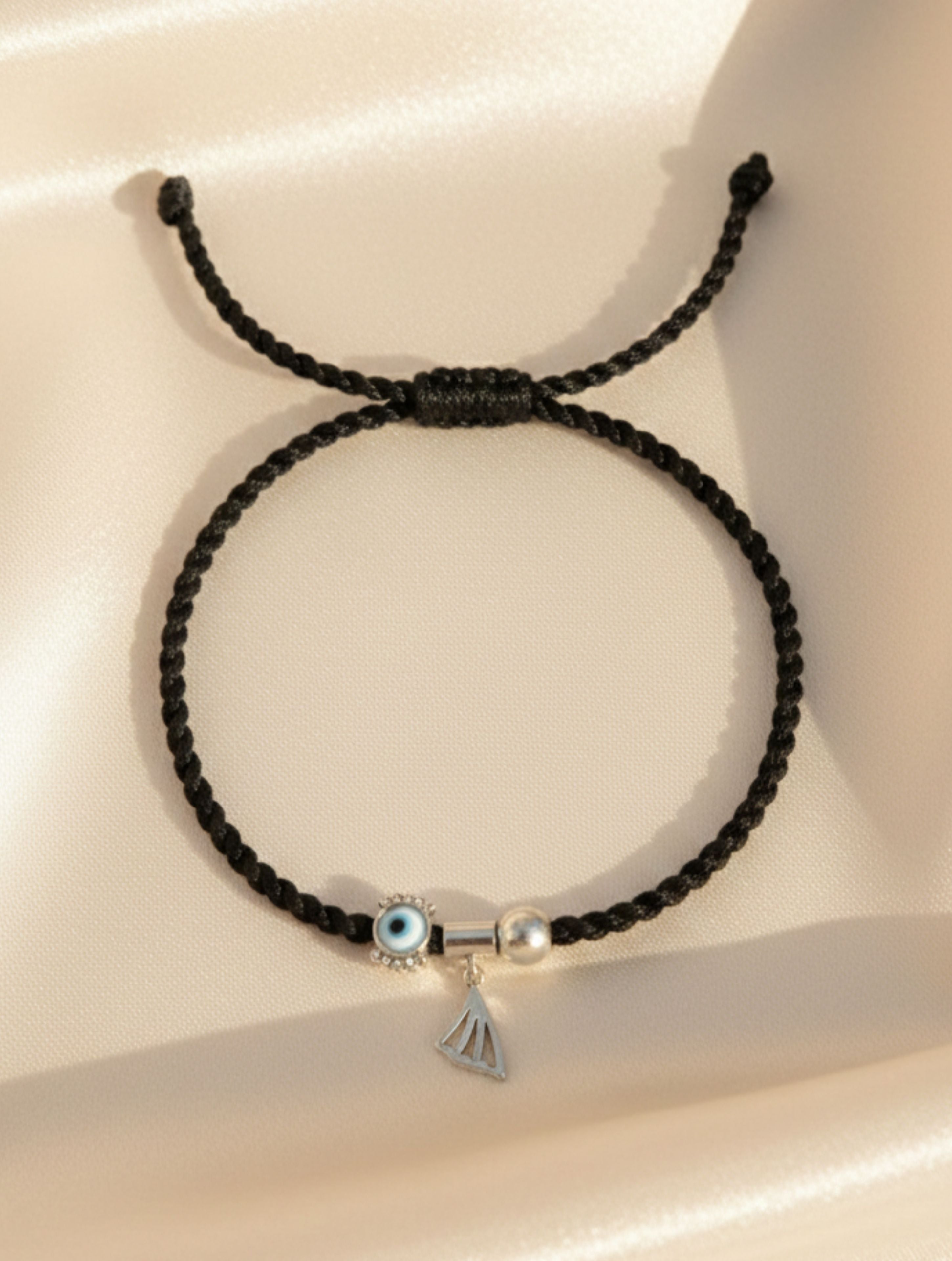 925 Sterling Silver & MOP Evil Eye Black Cord Anklet - Adjustable