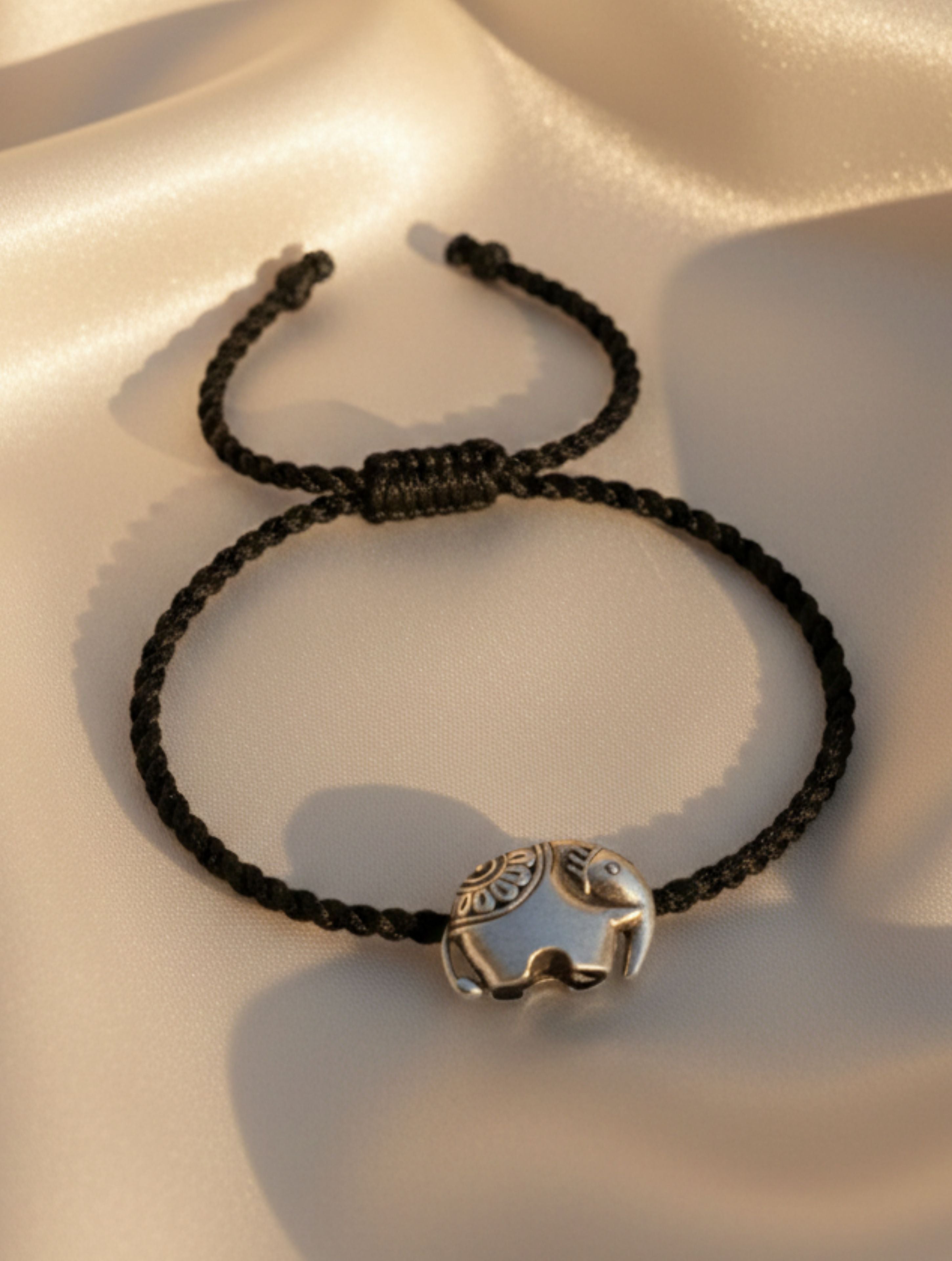 Sterling Silver Elephant Charm Adjustable Cord Anklet