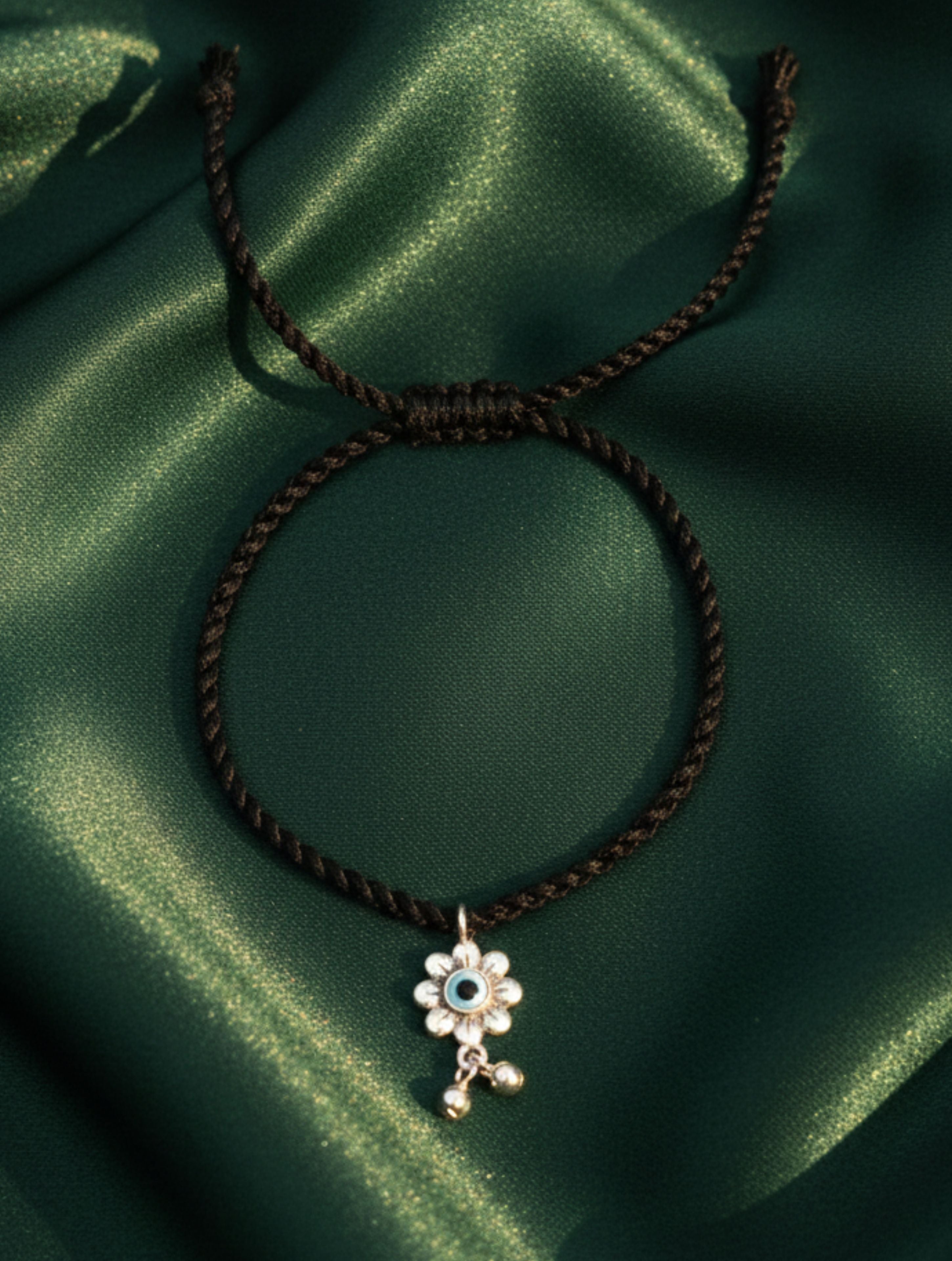 Adjustable Black Thread Anklet with Silver MOP Evil Eye Flower Charm