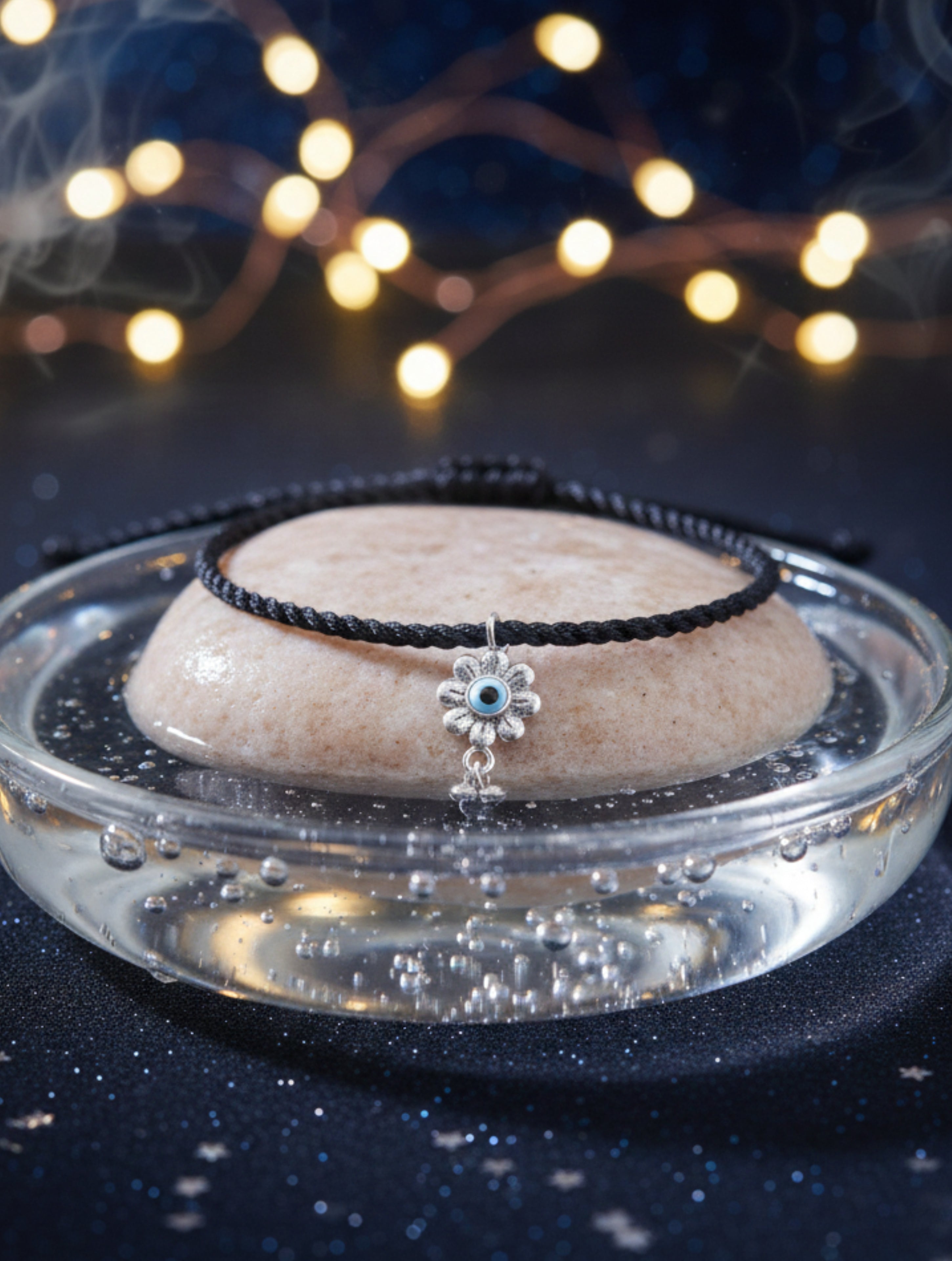 Adjustable Black Thread Anklet with Silver MOP Evil Eye Flower Charm