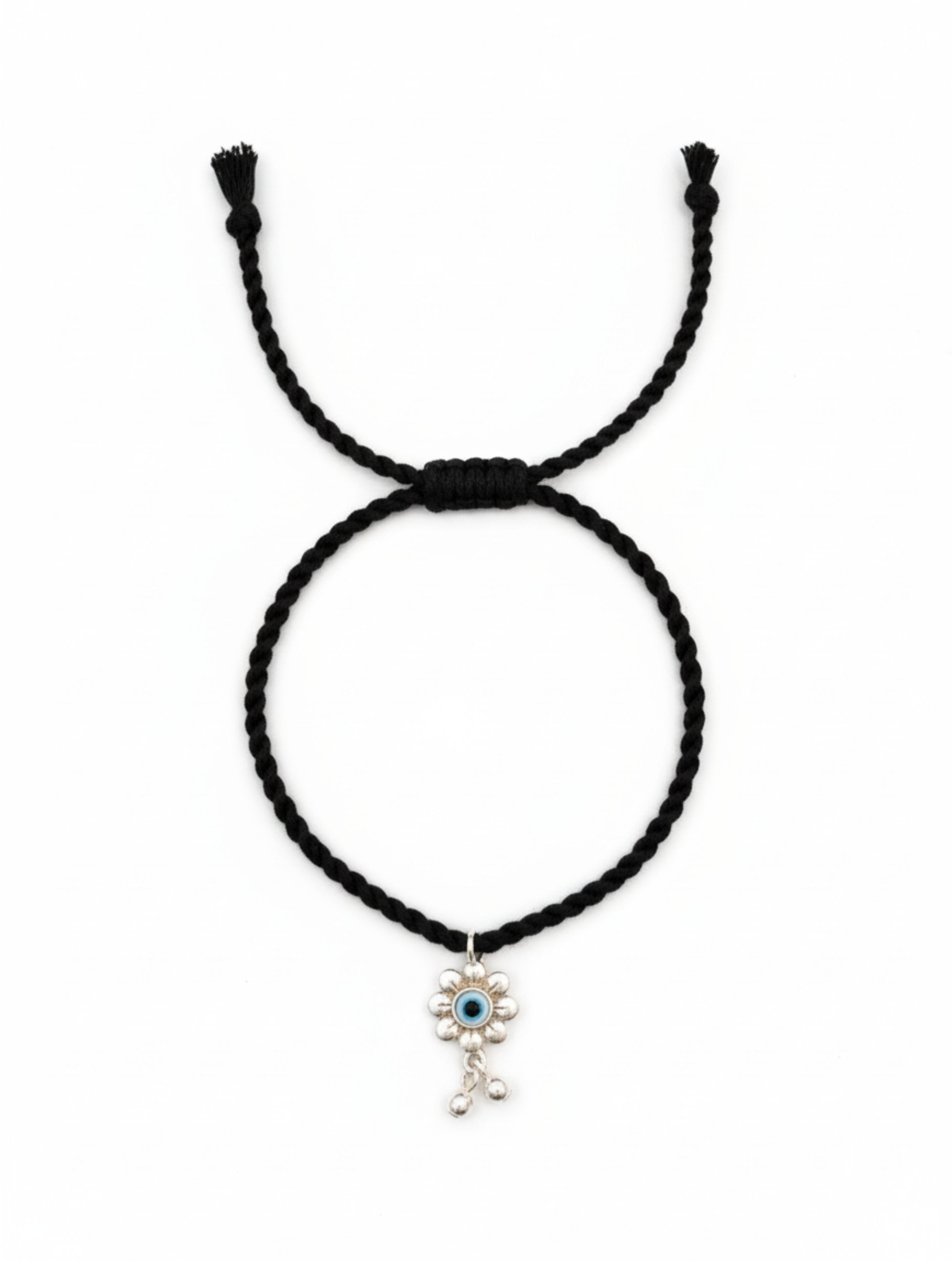 Adjustable Black Thread Anklet with Silver MOP Evil Eye Flower Charm