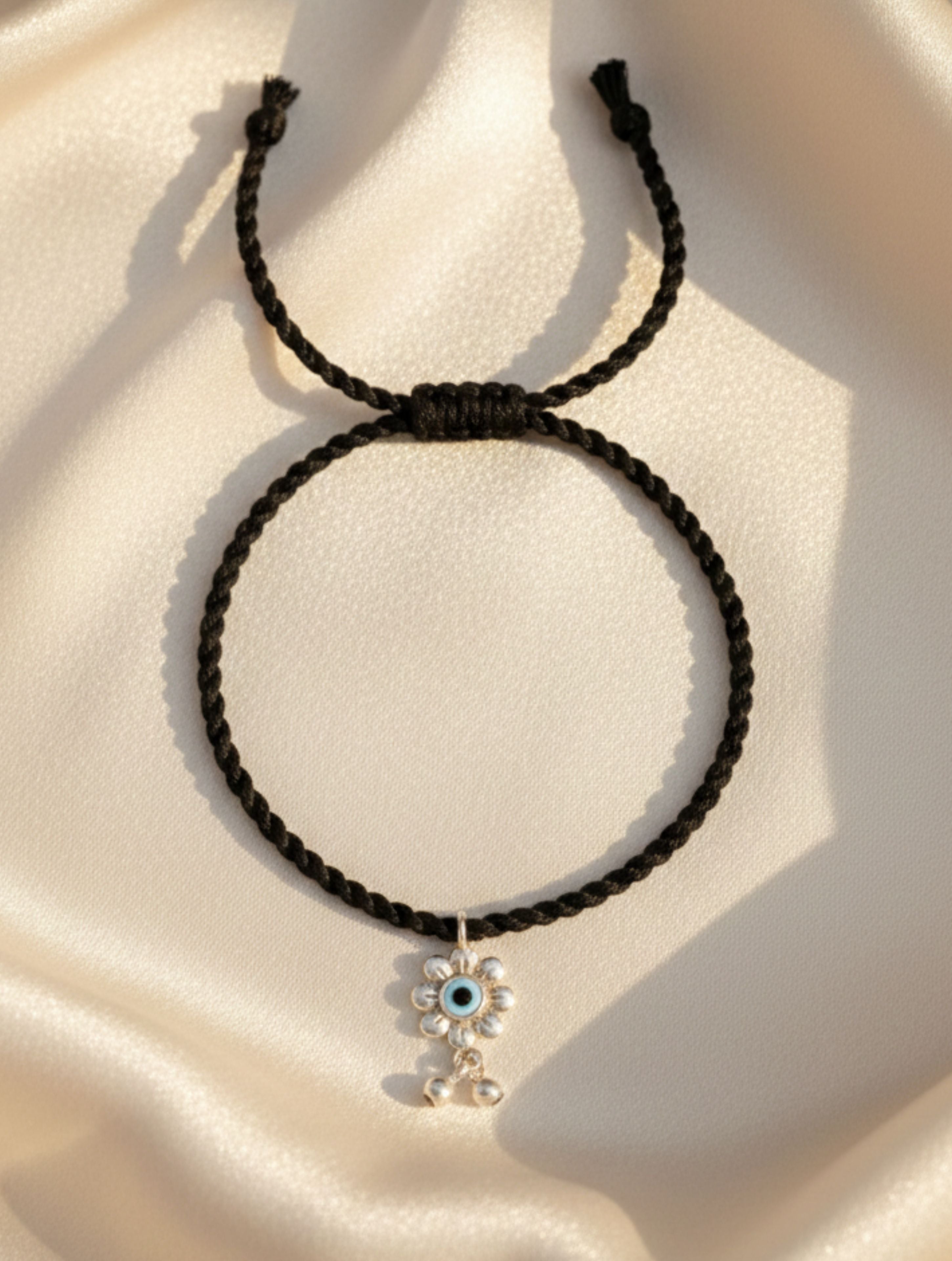 Adjustable Black Thread Anklet with Silver MOP Evil Eye Flower Charm