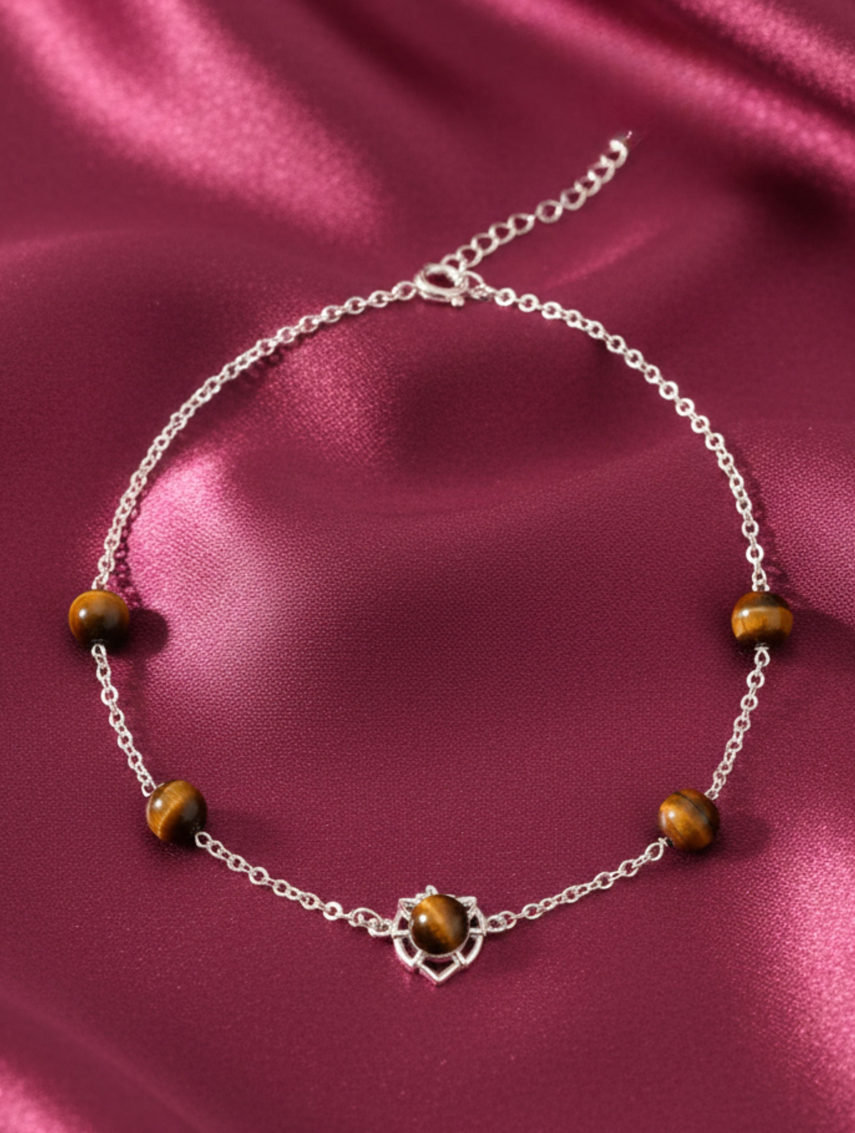 Tiger Eye Lotus Motif 925 Sterling Silver Anklet