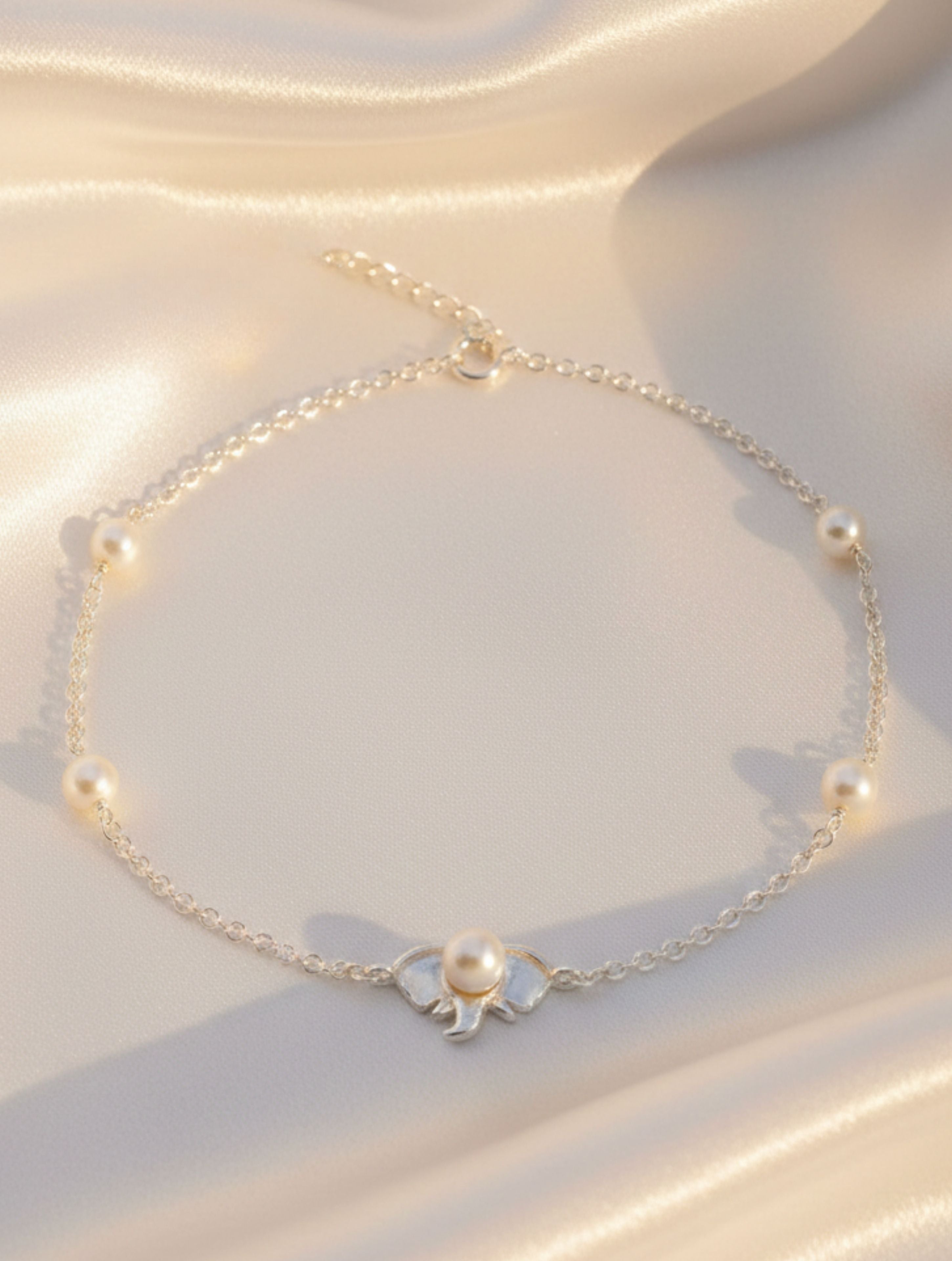 925 Sterling Silver Pearl Station Charm Anklet