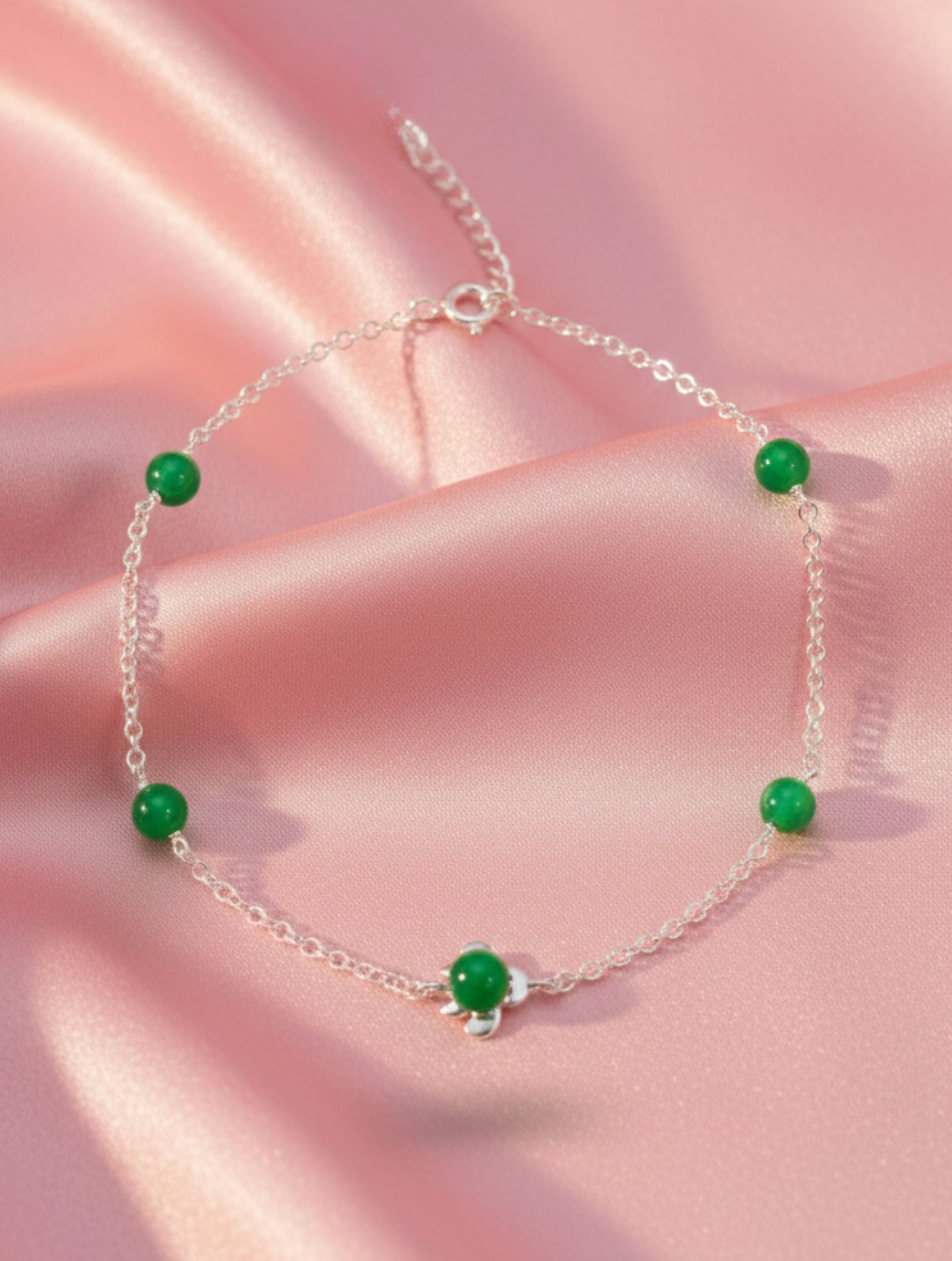 925 Sterling Silver Green Jade Turtle Anklet For Women