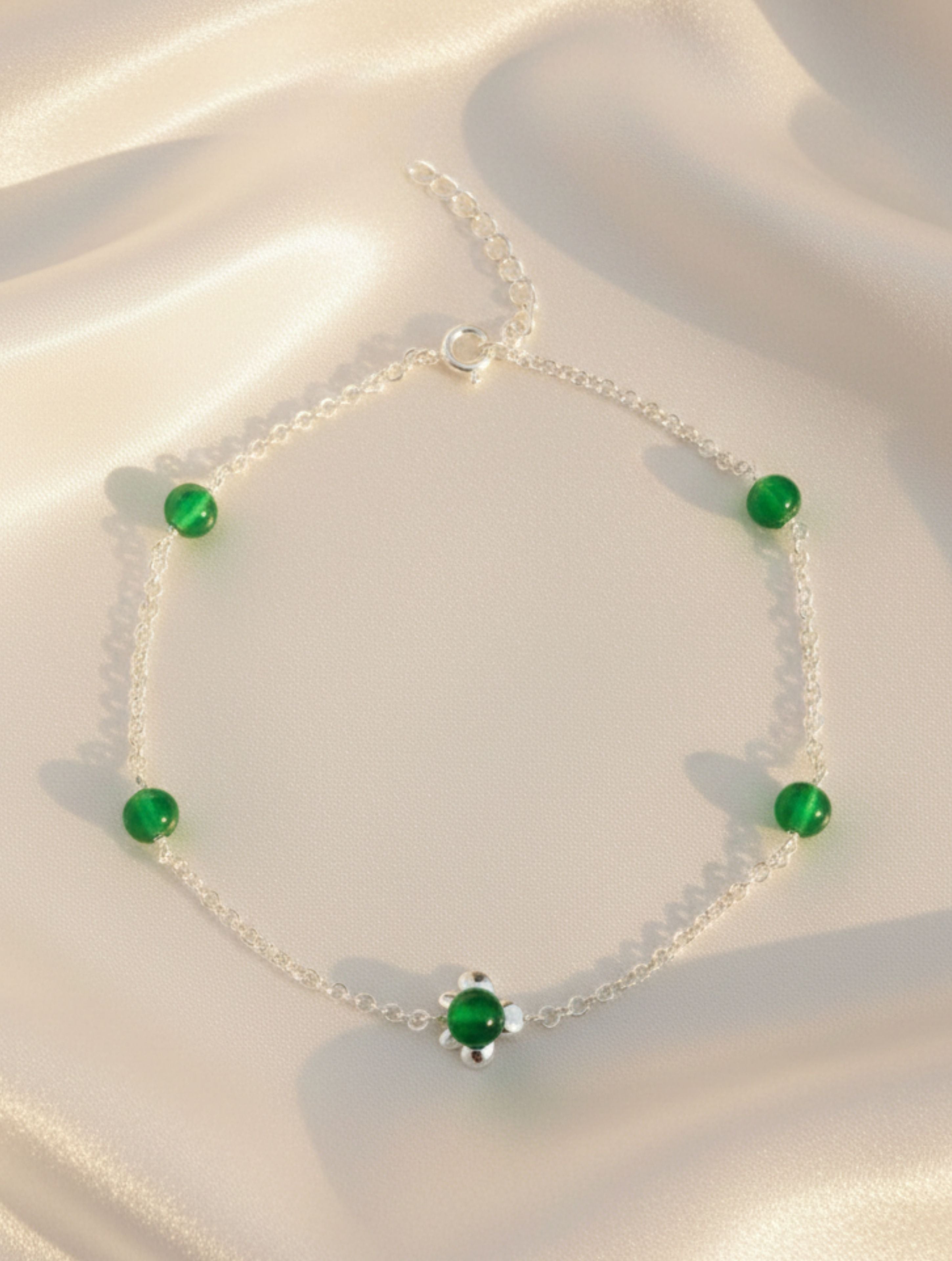 925 Sterling Silver Green Jade Turtle Anklet For Women