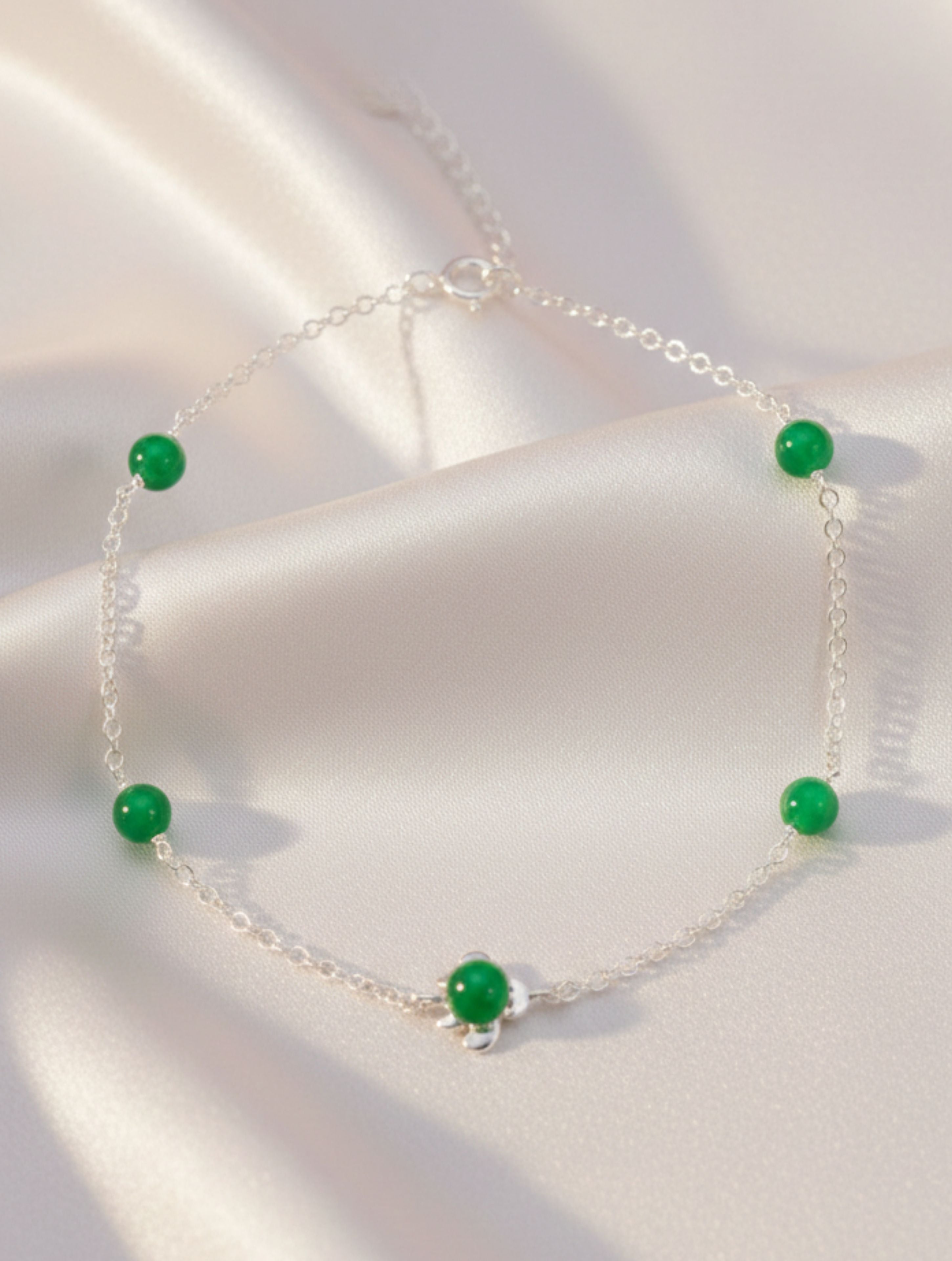 925 Sterling Silver Green Jade Turtle Anklet For Women