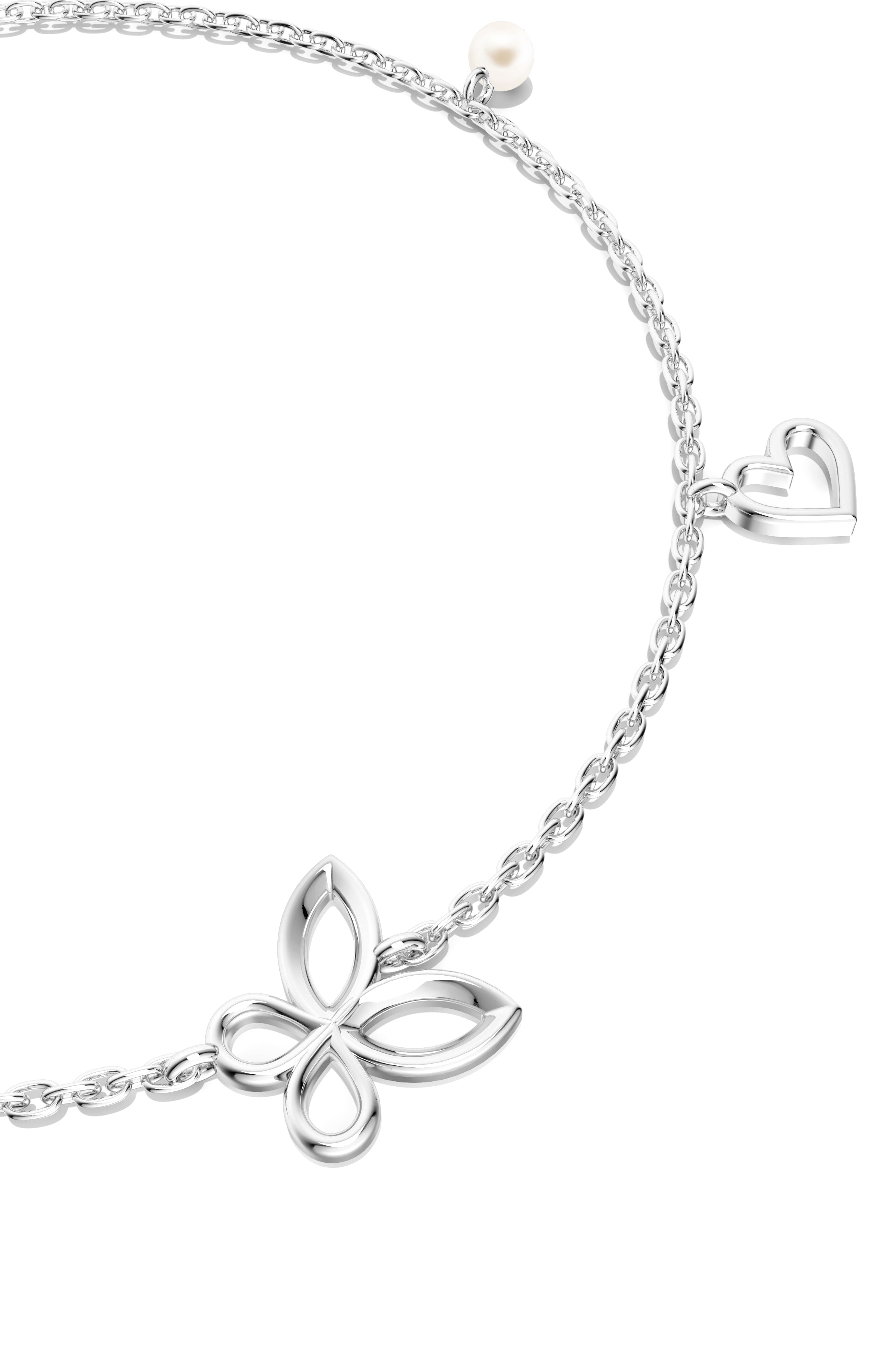 925 Sterling Silver Butterfly, Heart & Leaf Charm Anklet with Pearls