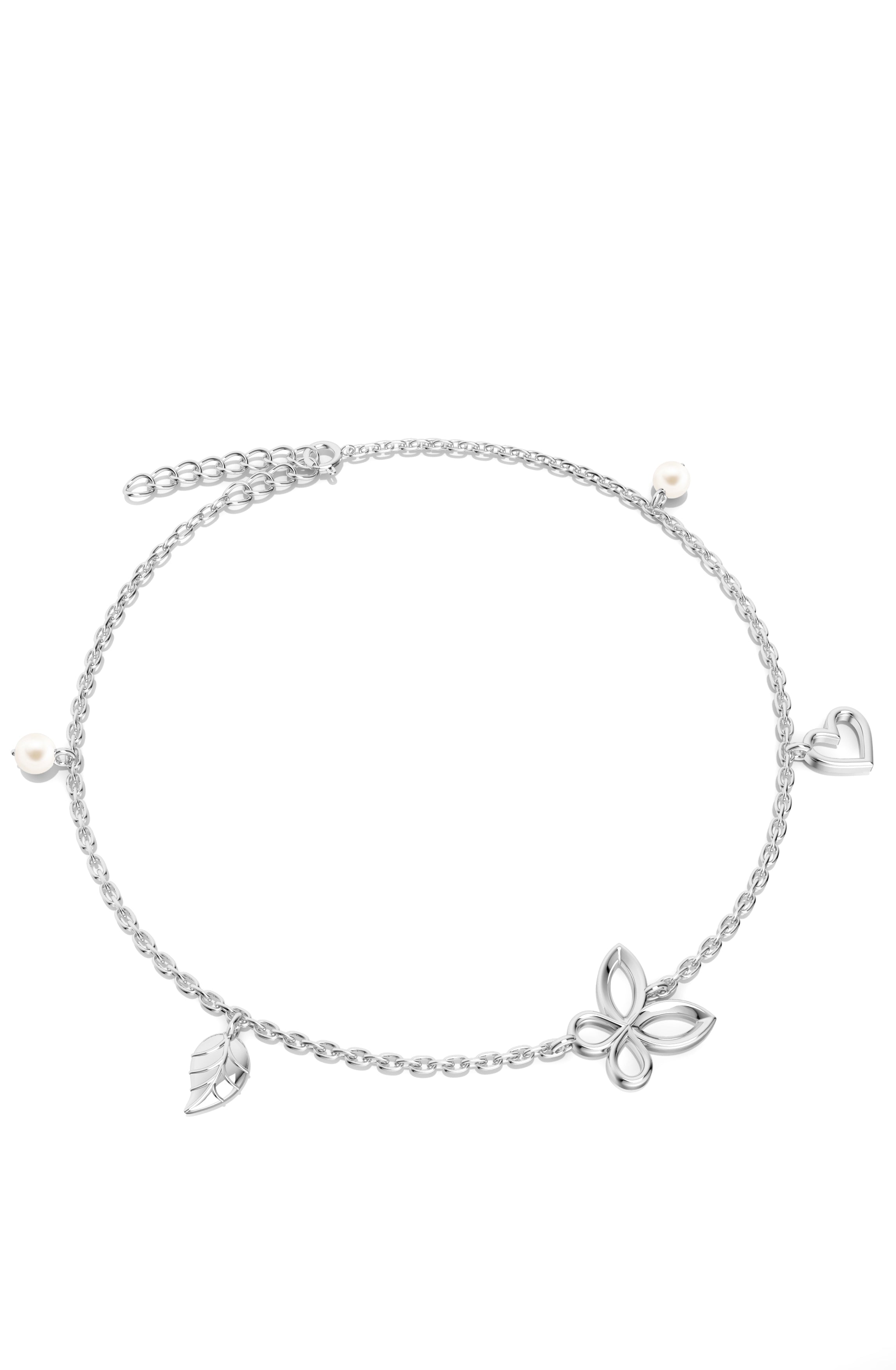 925 Sterling Silver Butterfly, Heart & Leaf Charm Anklet with Pearls