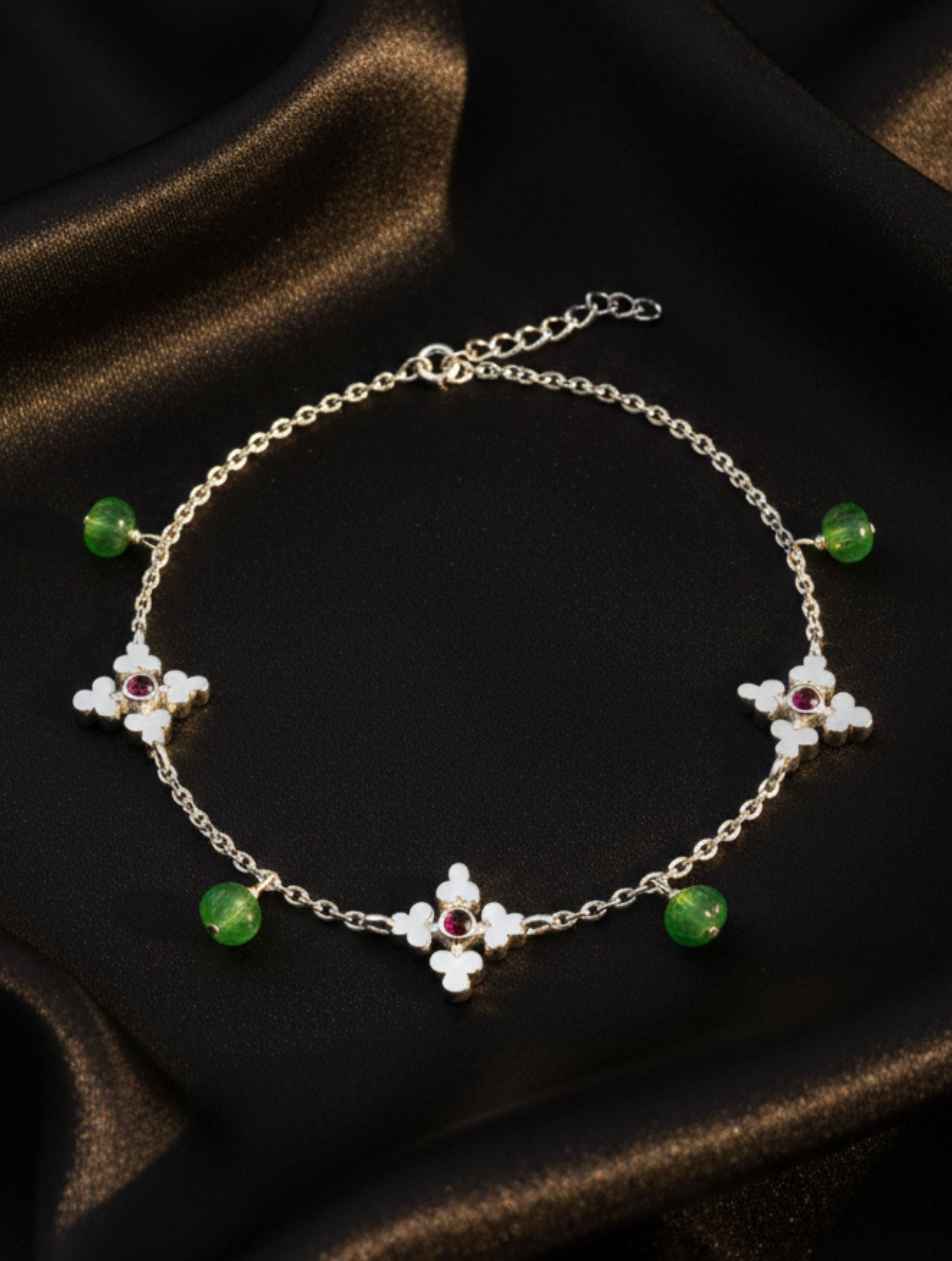 925 Sterling Silver Charm & Green Jade Bead Anklet