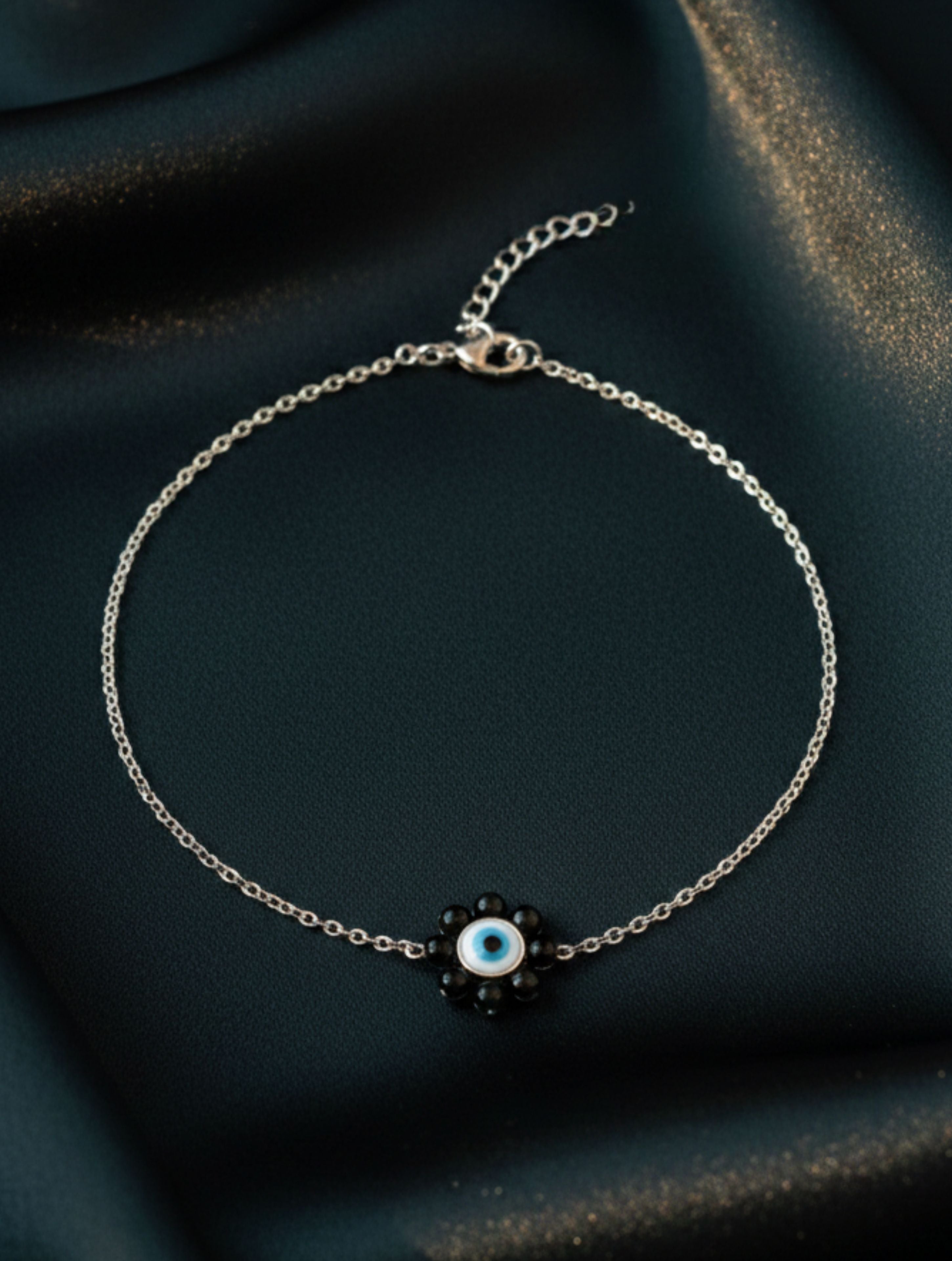 925 Sterling Silver Evil Eye & Black Onyx Flower Anklet