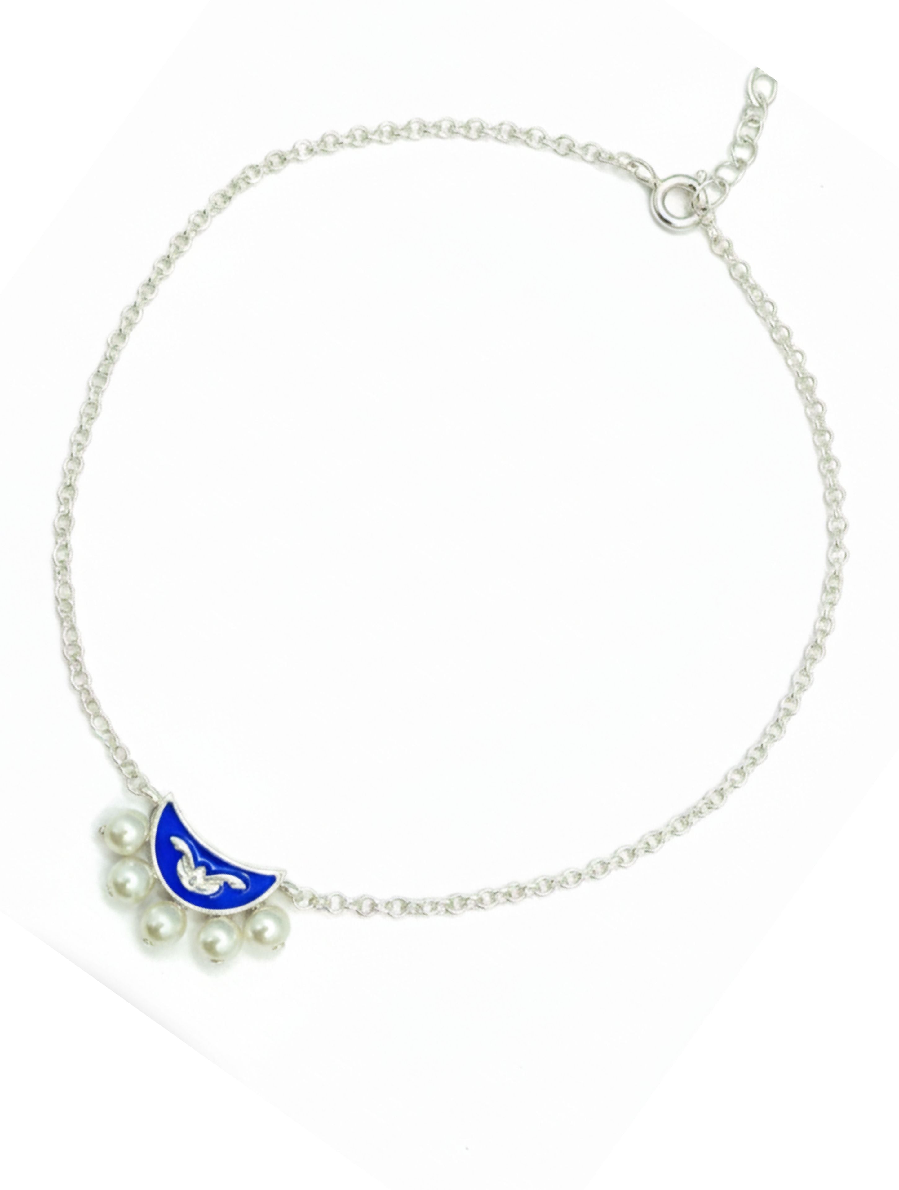 925 Sterling Silver Blue Enamel Crescent Moon Pearl Anklet