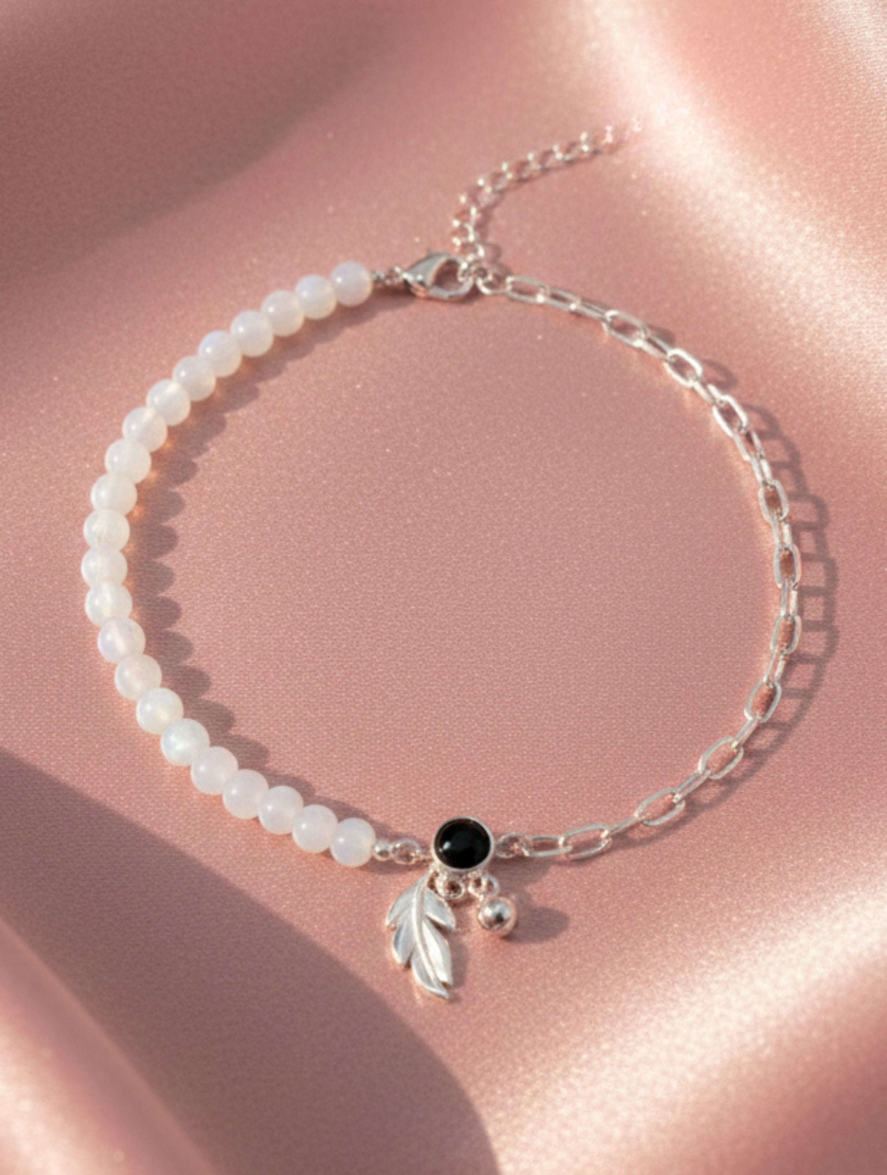 925 Sterling Silver Anklet Rainbow Moonstone & Black Onyx