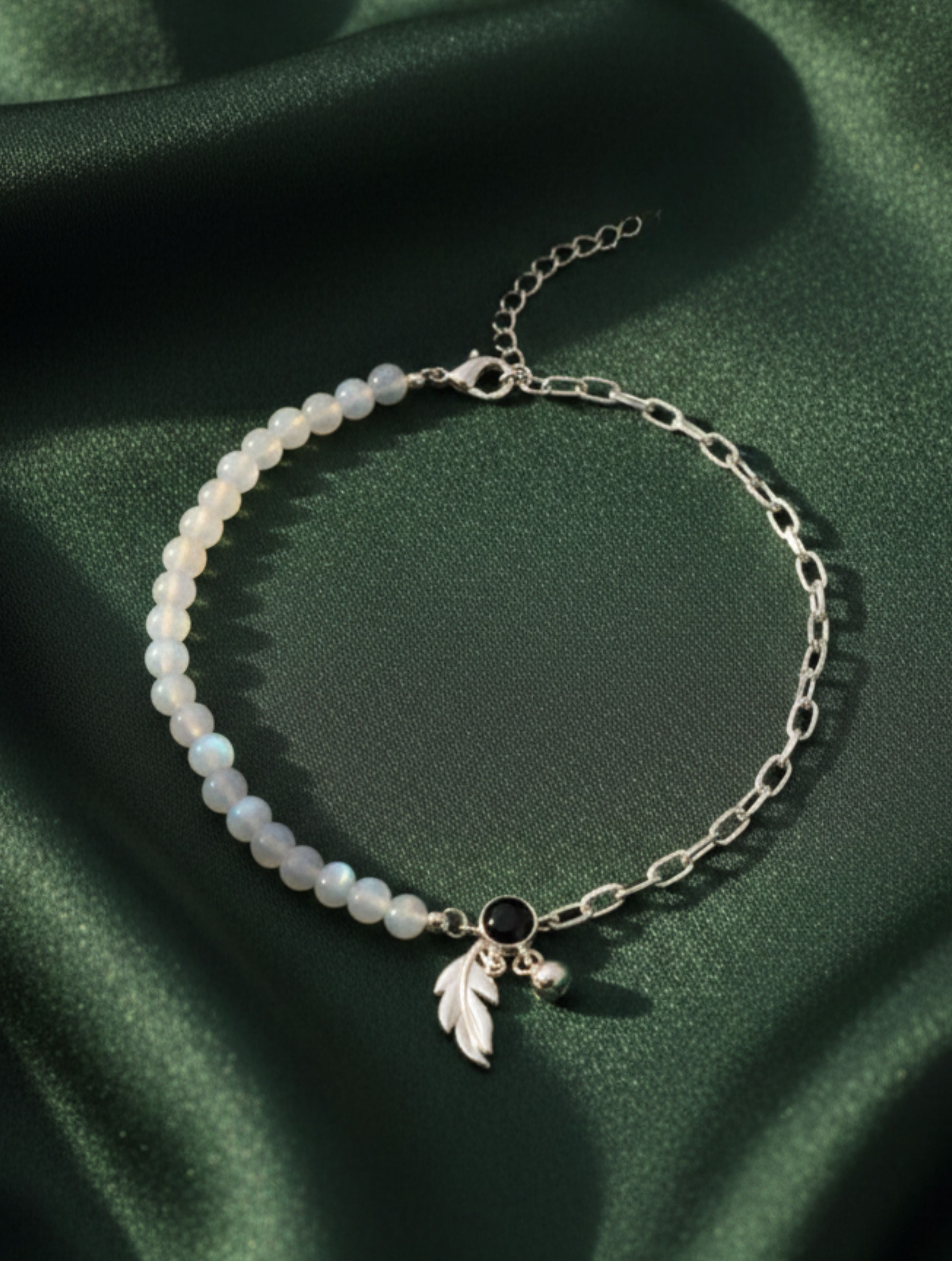 925 Sterling Silver Anklet Rainbow Moonstone & Black Onyx