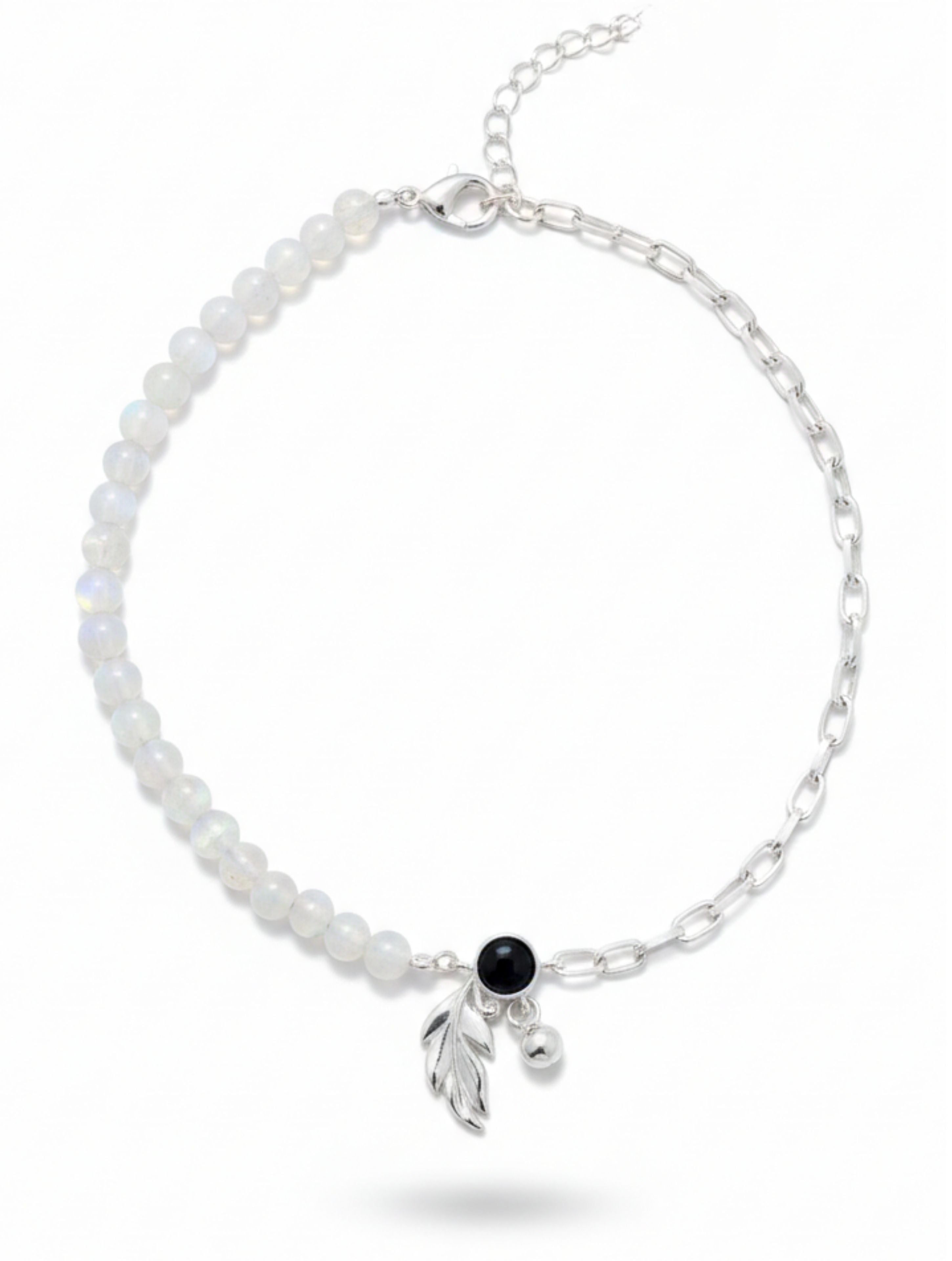 925 Sterling Silver Anklet Rainbow Moonstone & Black Onyx