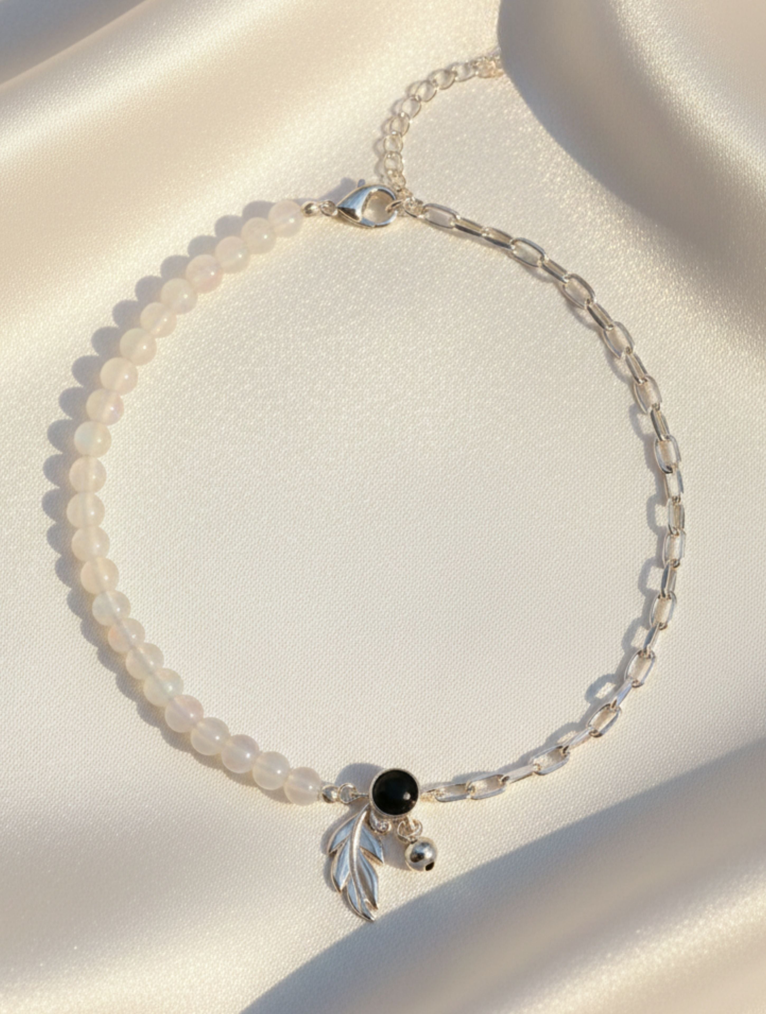 925 Sterling Silver Anklet Rainbow Moonstone & Black Onyx