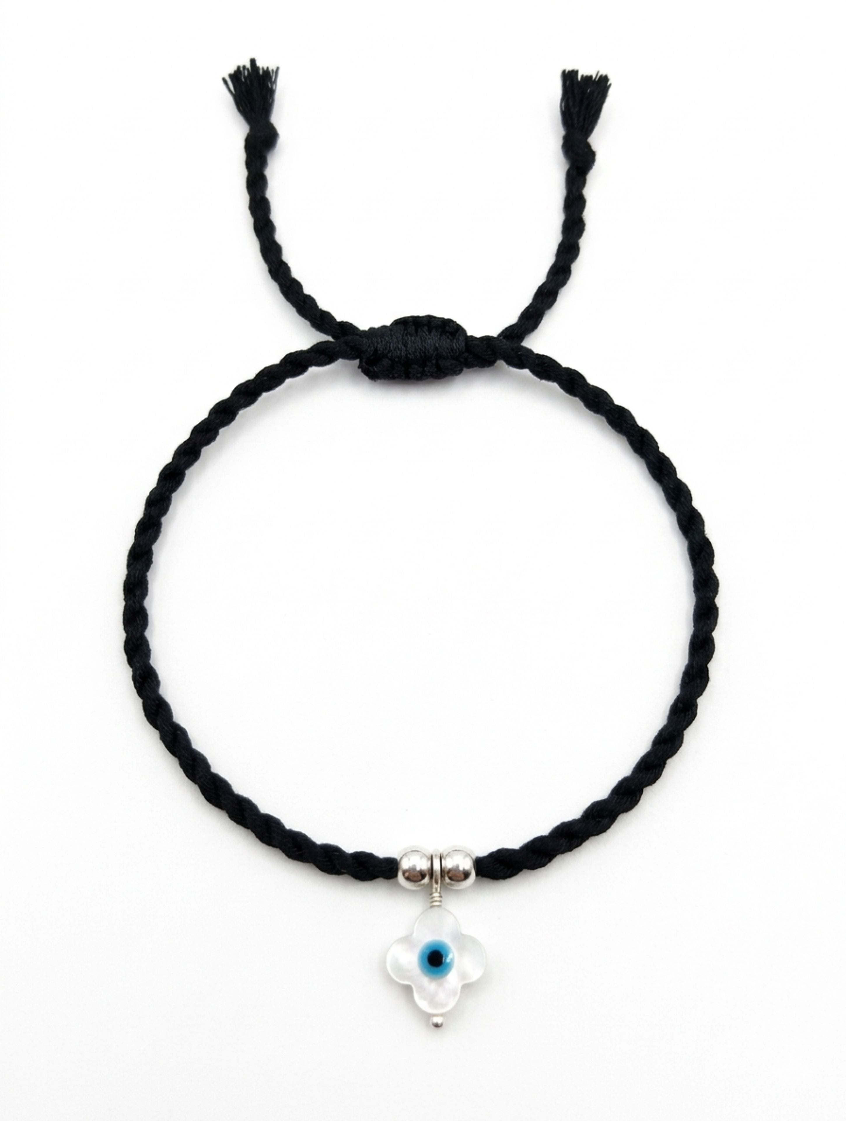 Evil Eye MOP Anklet in 925 Sterling Silver – Adjustable Black Macrame Cord