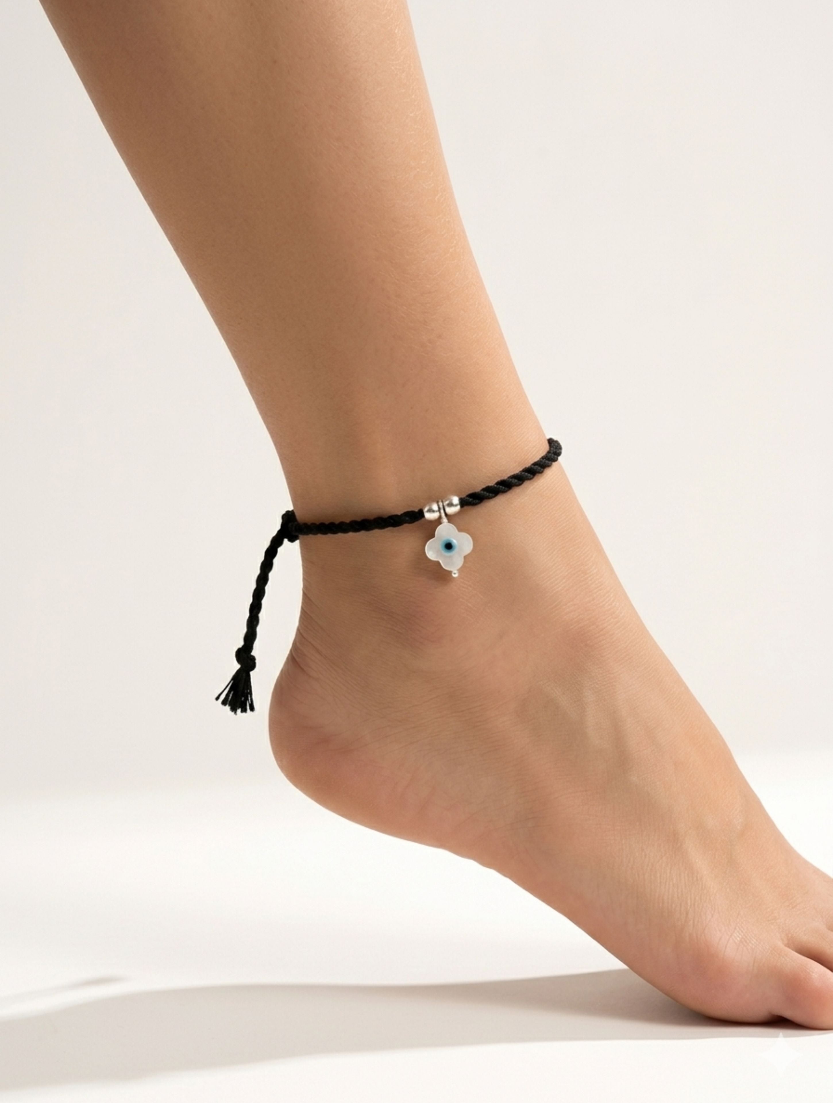 Evil Eye MOP Anklet in 925 Sterling Silver – Adjustable Black Macrame Cord