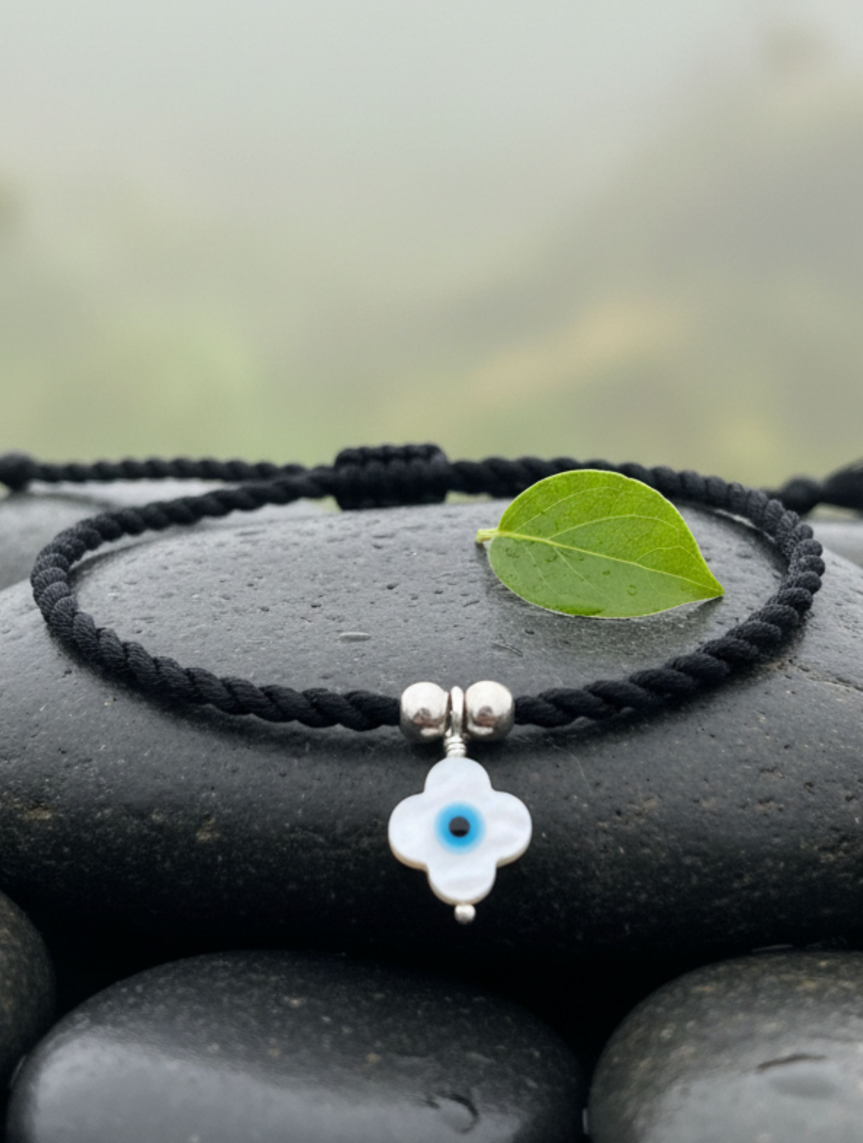 Evil Eye MOP Anklet in 925 Sterling Silver – Adjustable Black Macrame Cord