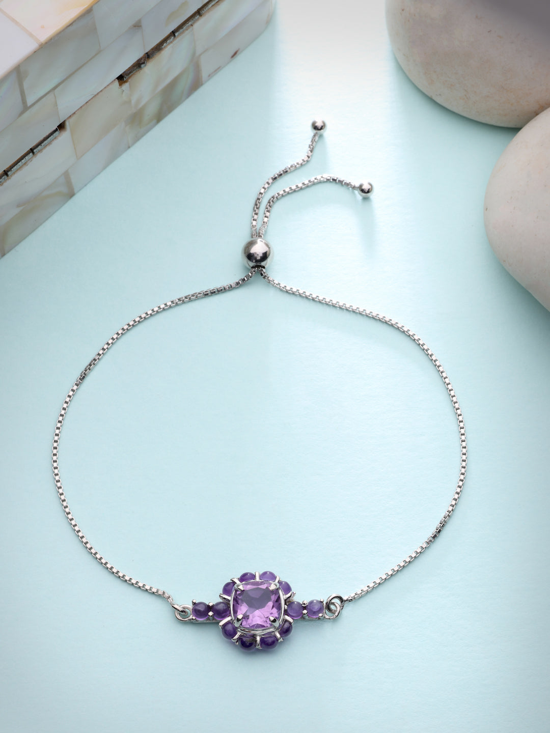 Violet Bloom 925 Sterling Silver Rhodium-Plated Amethyst Bolo Bracelet