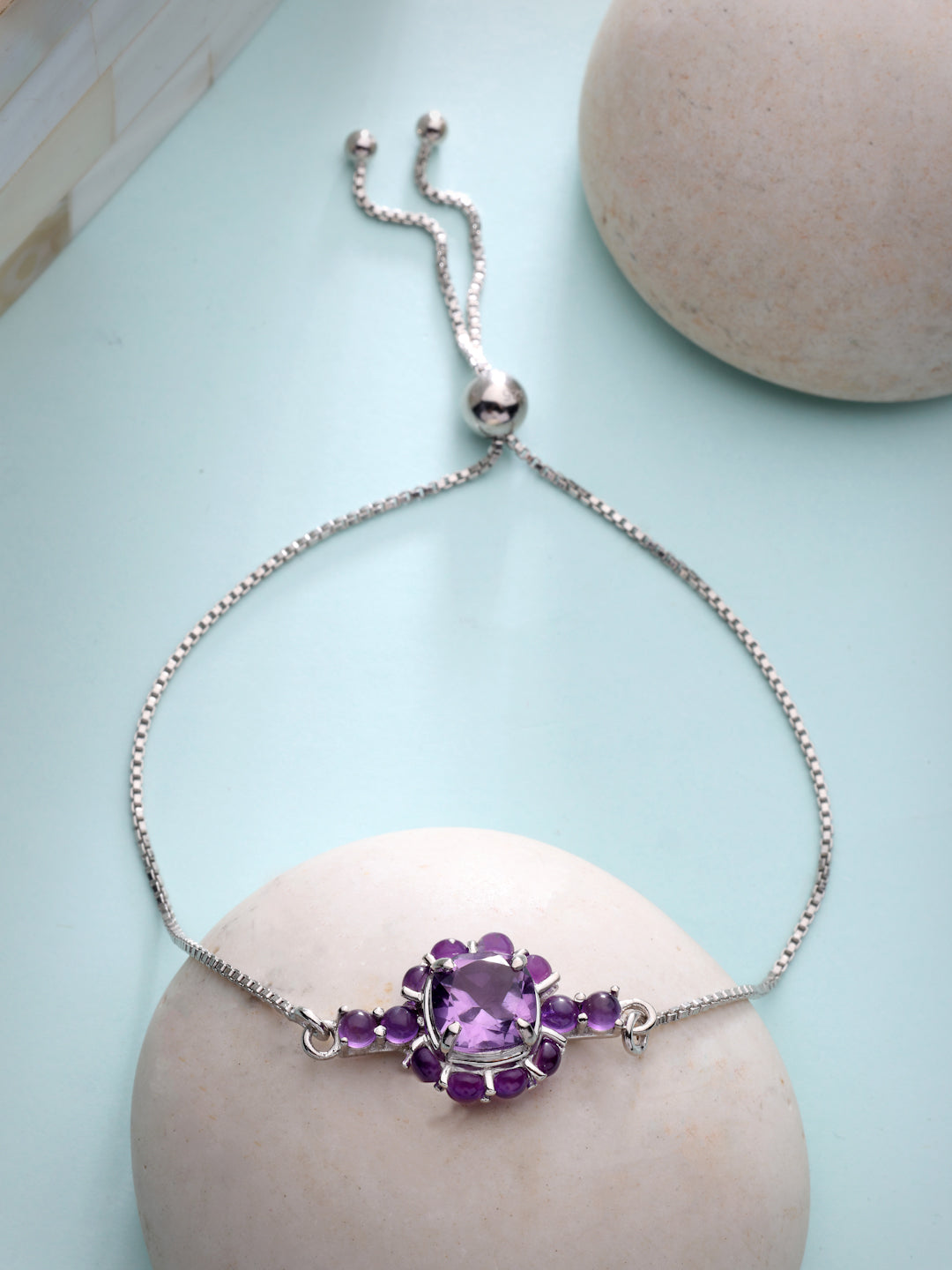 Violet Bloom 925 Sterling Silver Rhodium-Plated Amethyst Bolo Bracelet