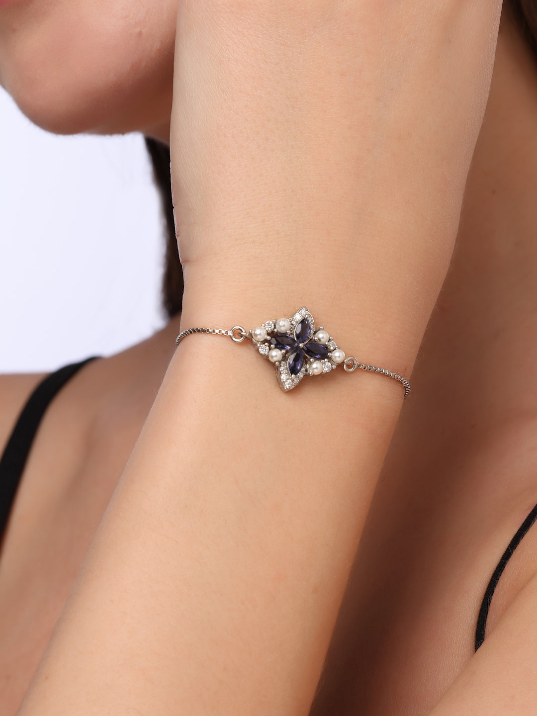 Indigo Blossom 925 Sterling Silver Moissanite & Iolite Bolo Bracelet