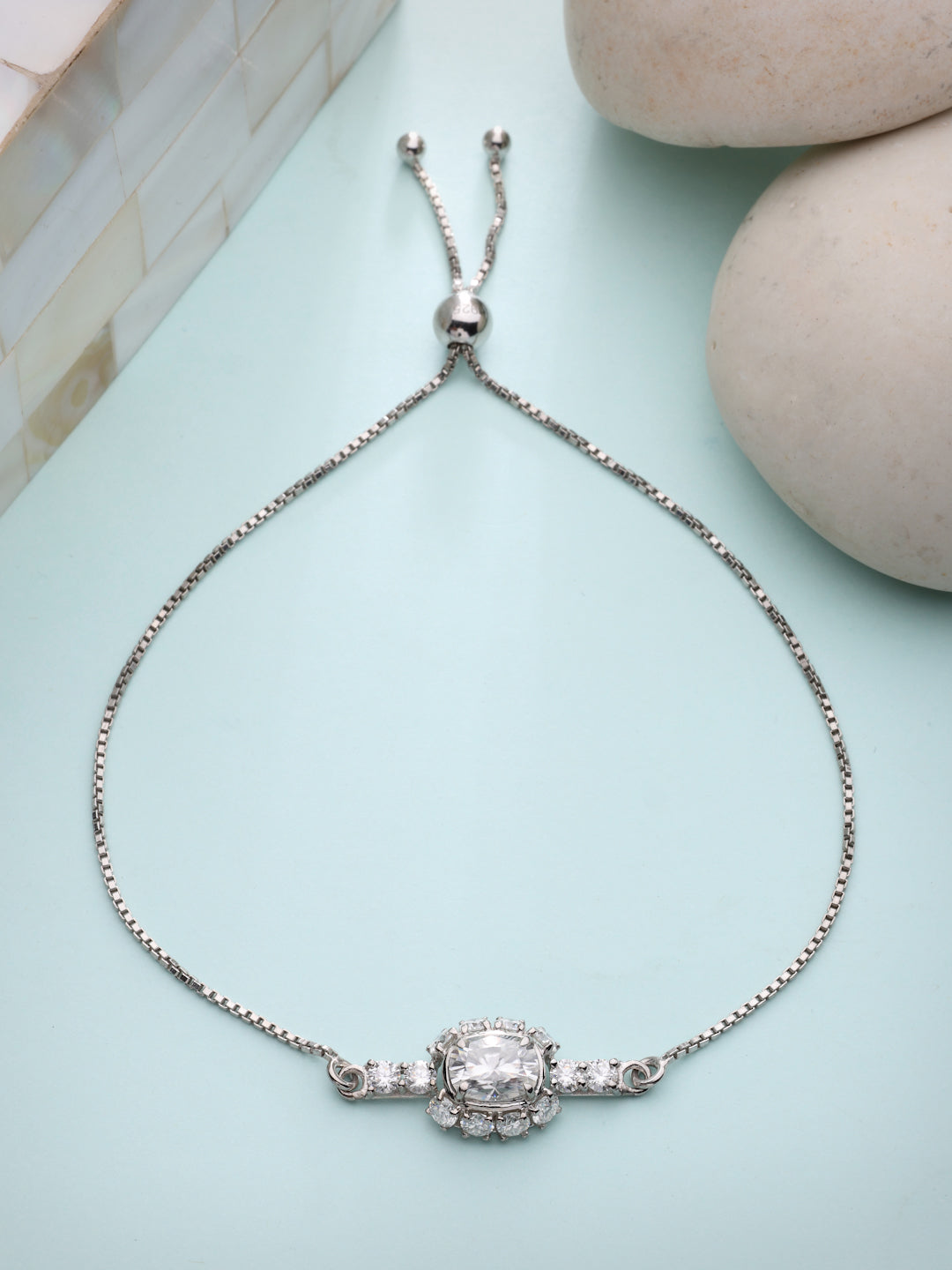 Luminous Halo 925 Sterling Silver Rhodium-Plated Moissanite Bolo Bracelet