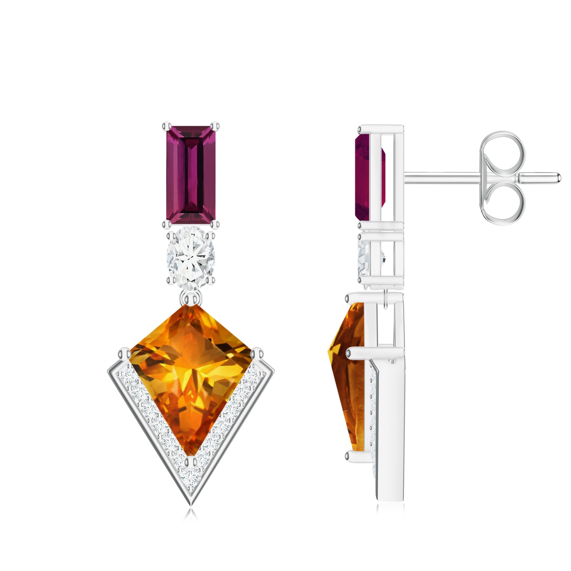 Rhodolite Garnet, Moissanite, and Citrine Silver Earrings