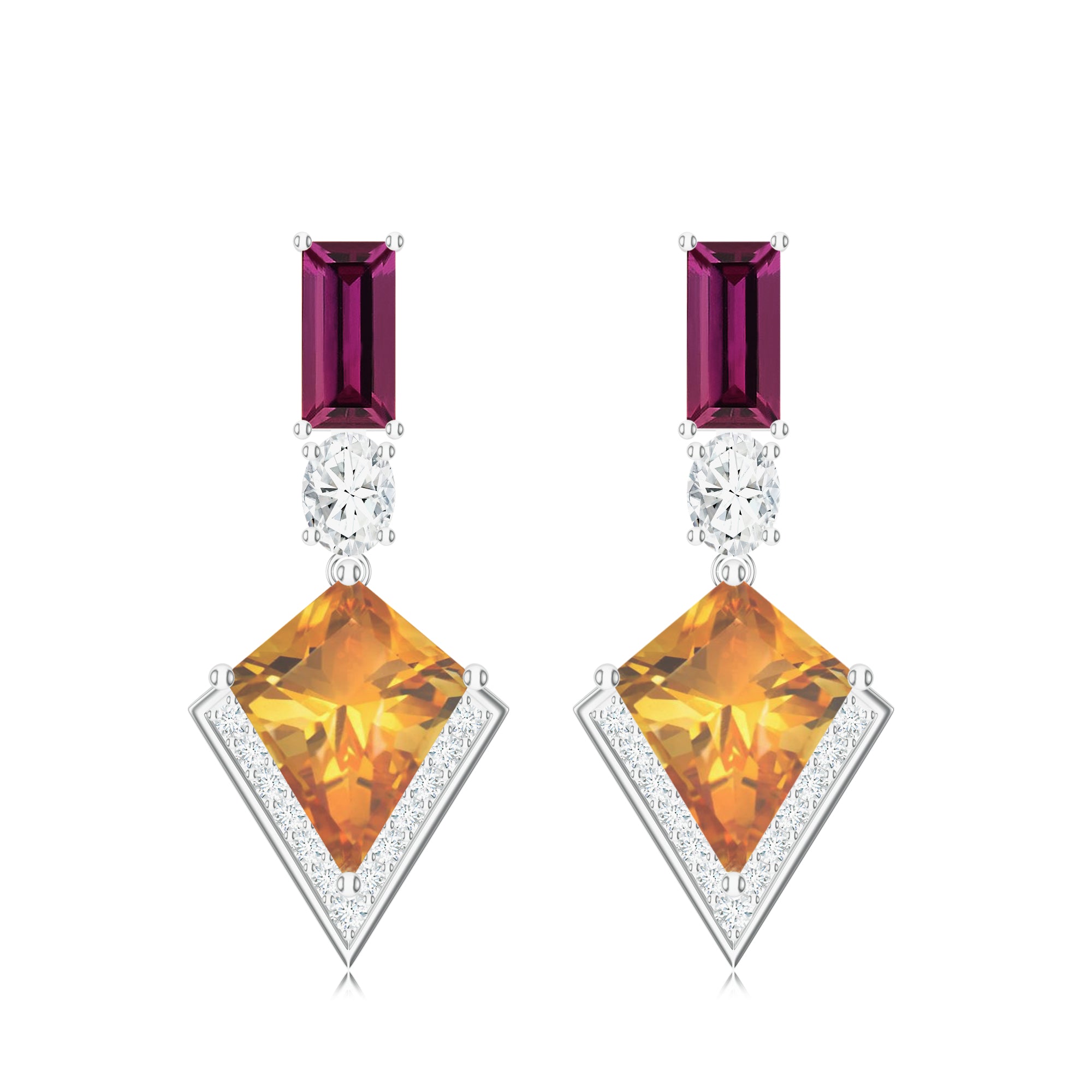 Rhodolite Garnet, Moissanite, and Citrine Silver Earrings