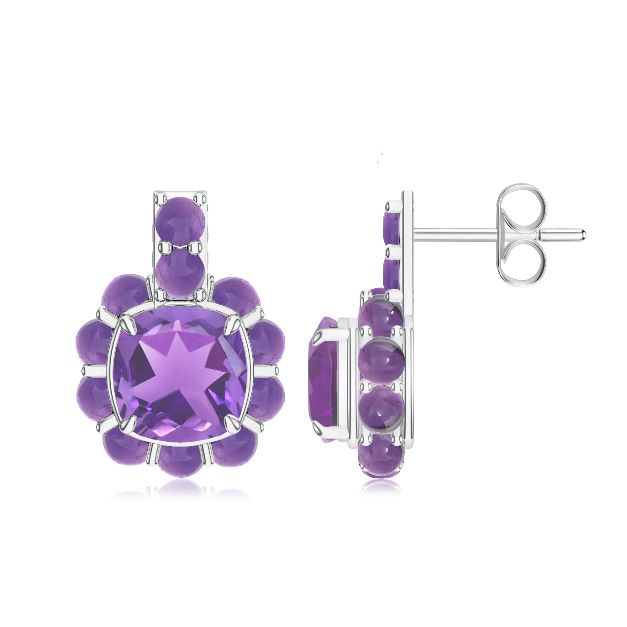 Cushion and Round Amethyst Silver Earrings