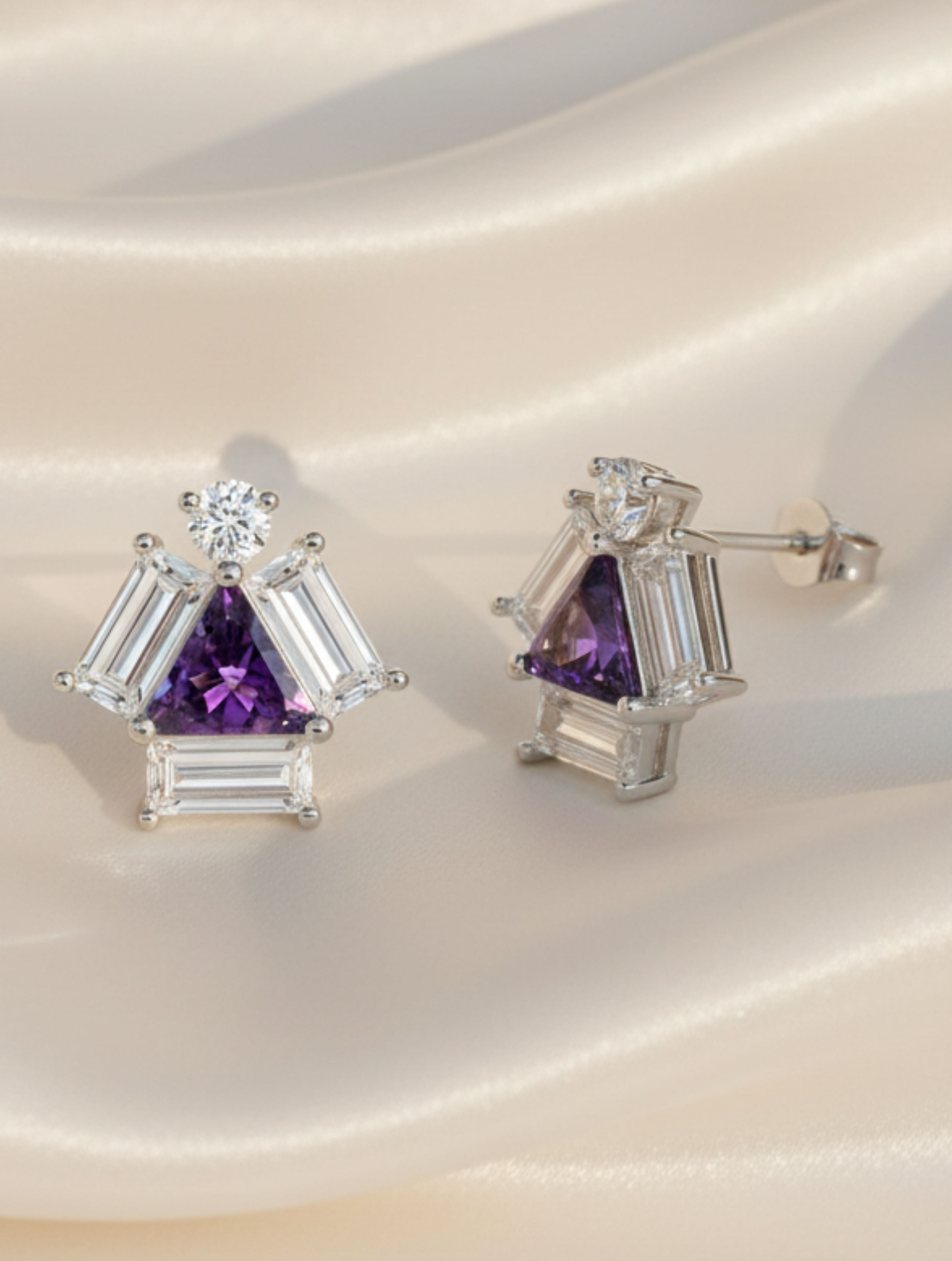 Triangle and Baguette Amethyst 925 Sterling Silver Earrings For Women