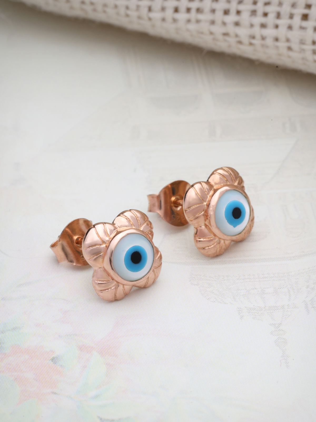 Rose Gold Plated Four-Leaf Clover Evil Eye Stud Earrings